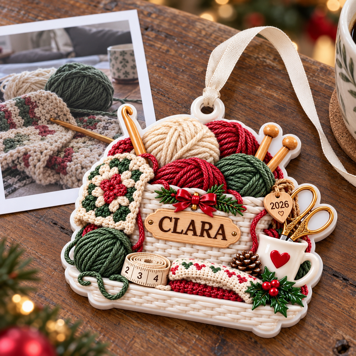 Crochet and Knitting Basket Yarn Balls Holiday Keepsake - 3D Relief Ornament