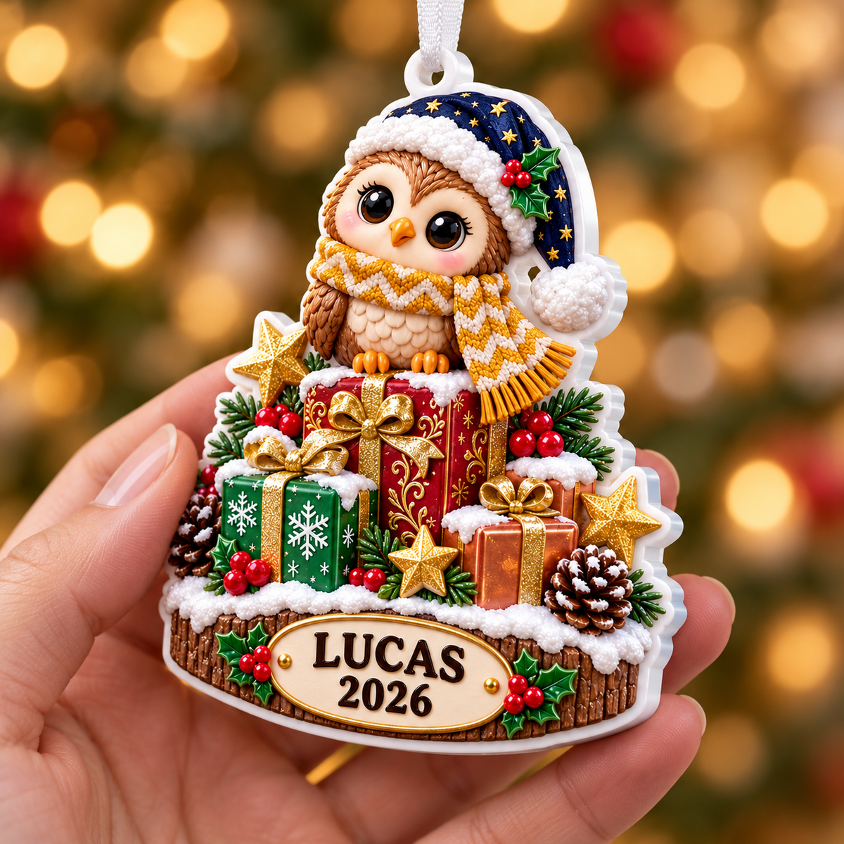 Winter Owl Perched on Stacked Holiday Gift Boxes Plaque - 3D Relief Ornament