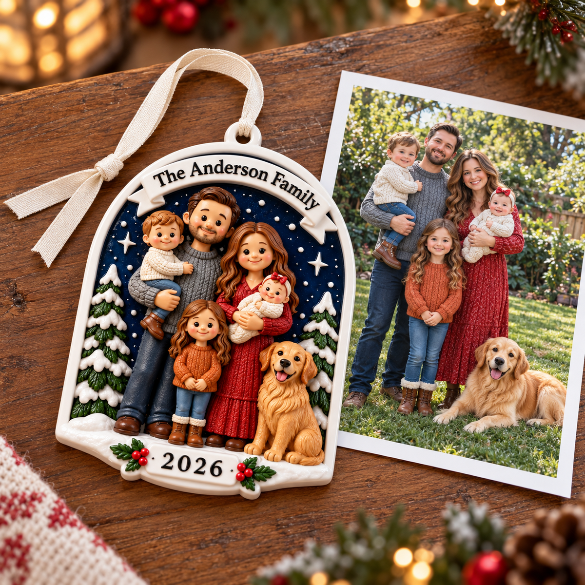 Family of Five with Golden Retriever Dog Holiday Keepsake Arch - 3D Relief Ornament