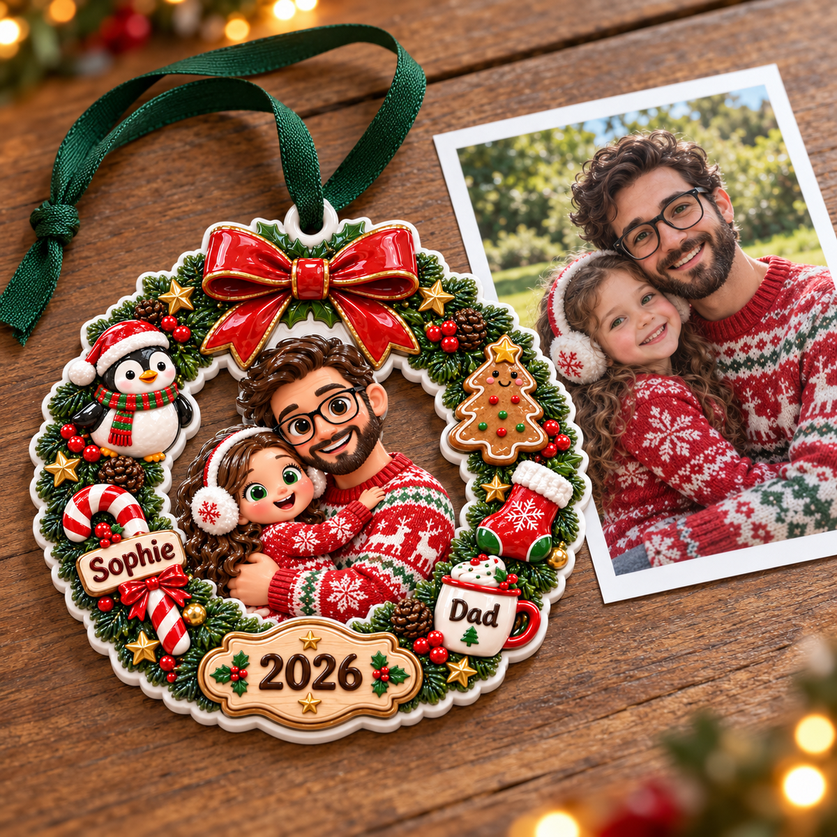 Father and Daughter Christmas Wreath Holiday Keepsake - 3D Relief Ornament