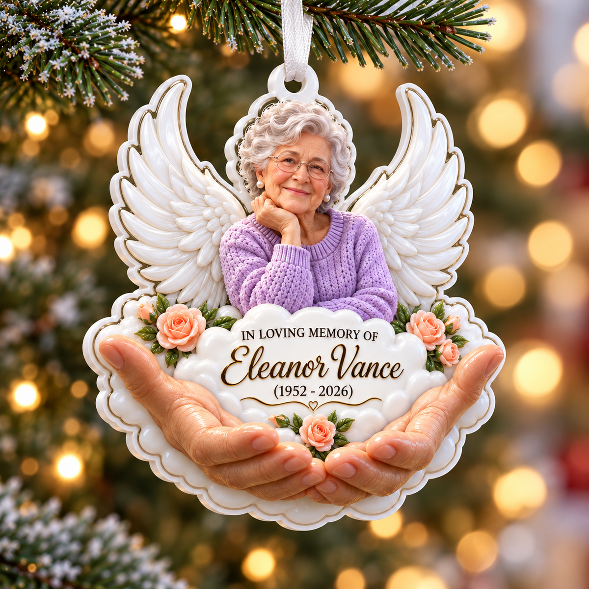 Memorial Angel Wings and Holding Hands Remembrance Keepsake - 3D Relief Ornament