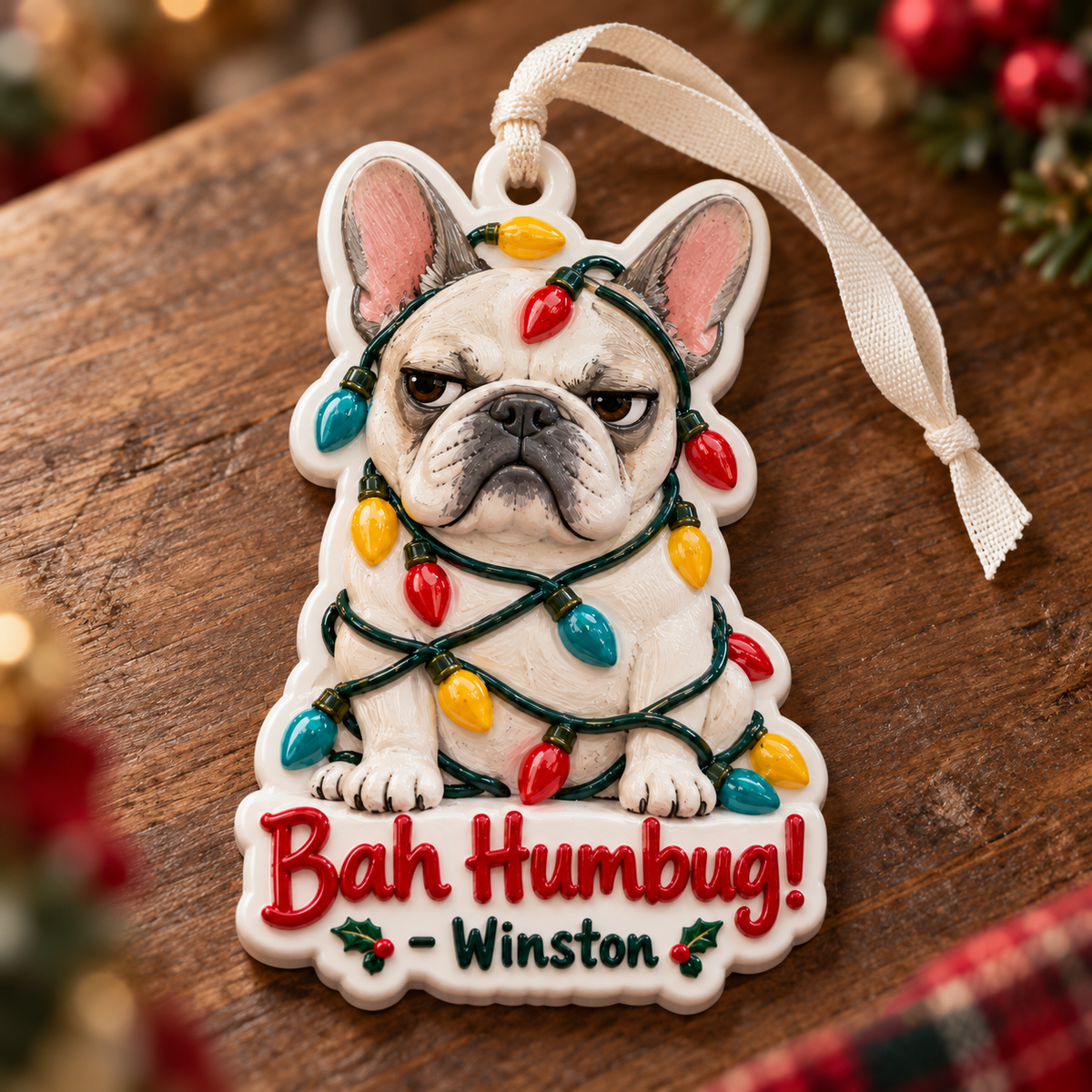Grumpy French Bulldog Christmas Lights Bah Humbug Hanging Holiday Keepsake - 3D Relief Ornament