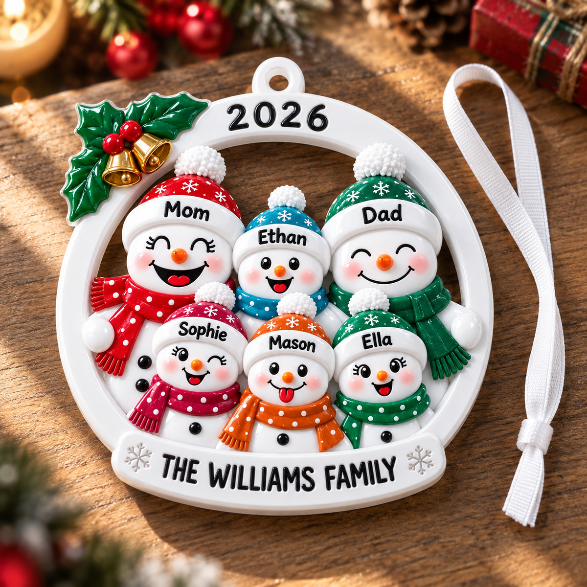 Snowman Family of 6 Christmas Tree Hanging Decoration with Holly and Bells - 3D Relief Ornament
