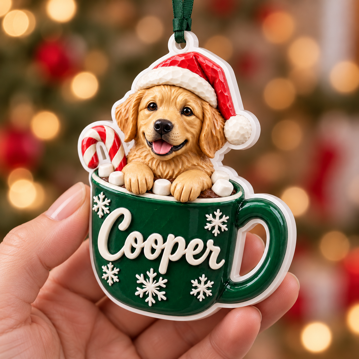 Golden Retriever Puppy in Cocoa Mug Christmas Tree Hanging Decor - 3D Relief Ornament