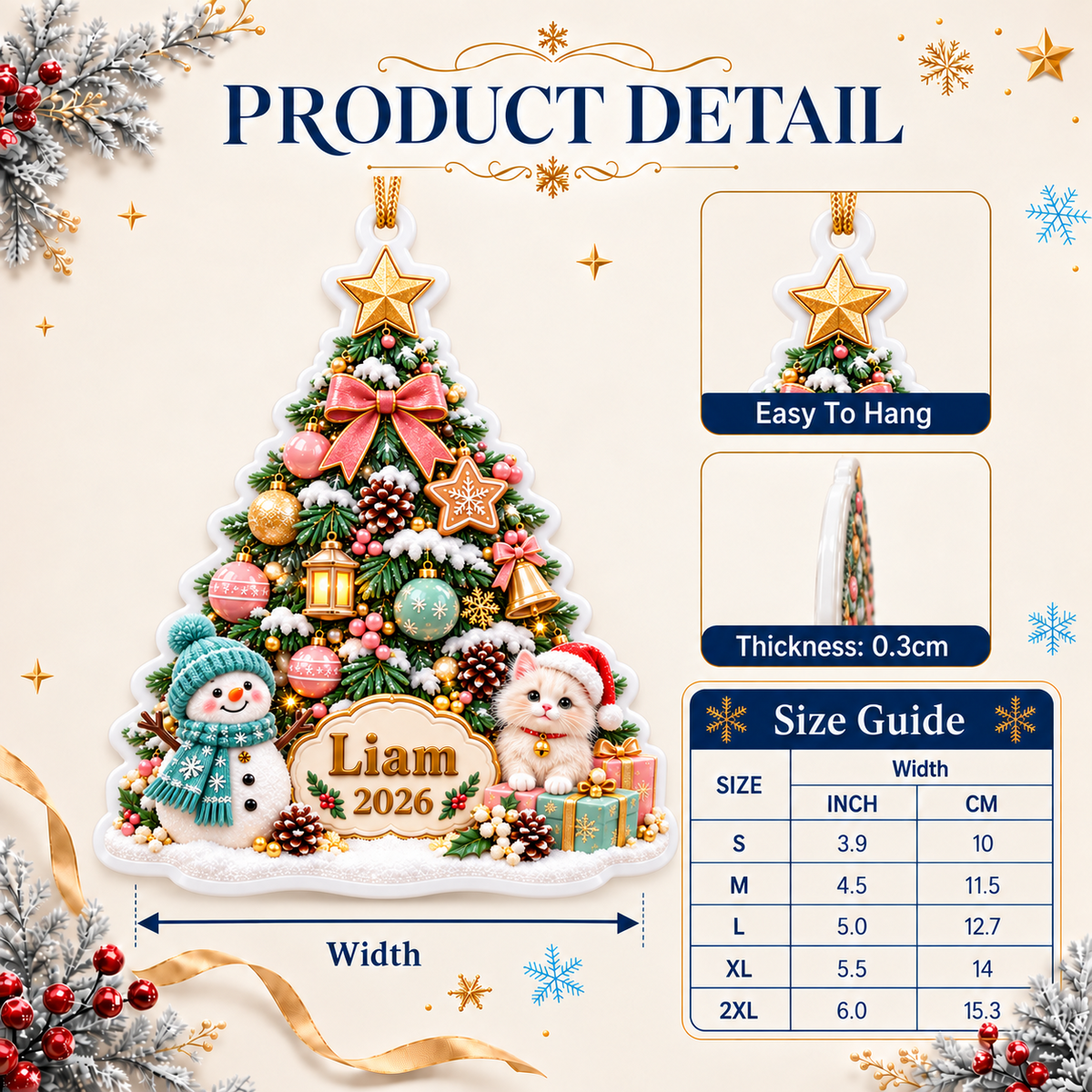 Christmas Tree with Snowman and Kitten Holiday Keepsake Plaque - 3D Relief Ornament
