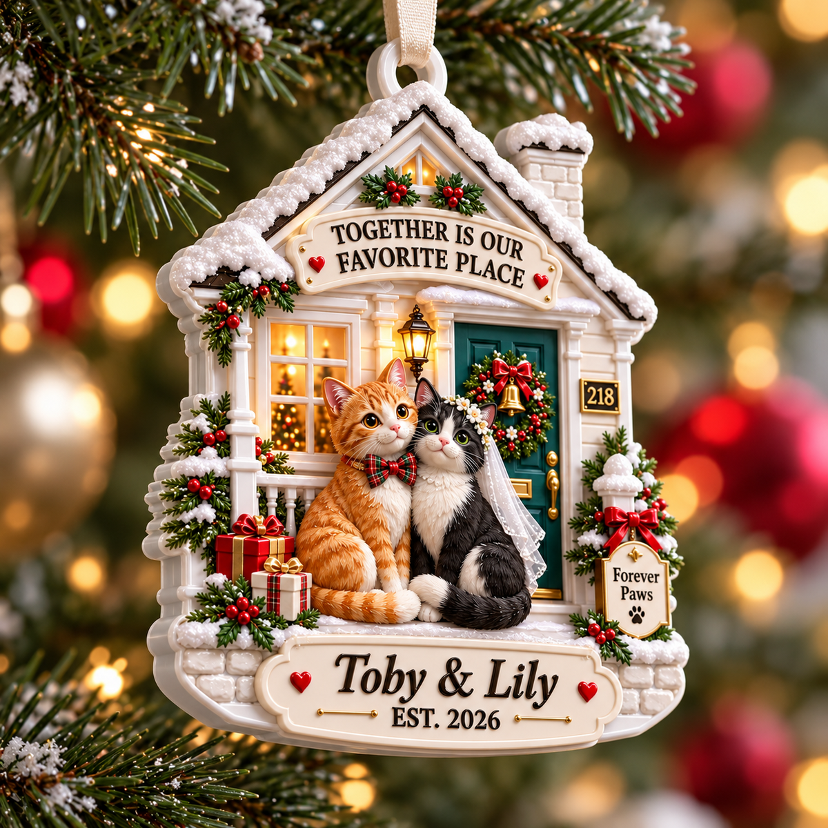 Cat Couple Winter Cottage Holiday Keepsake Plaque - 3D Relief Ornament