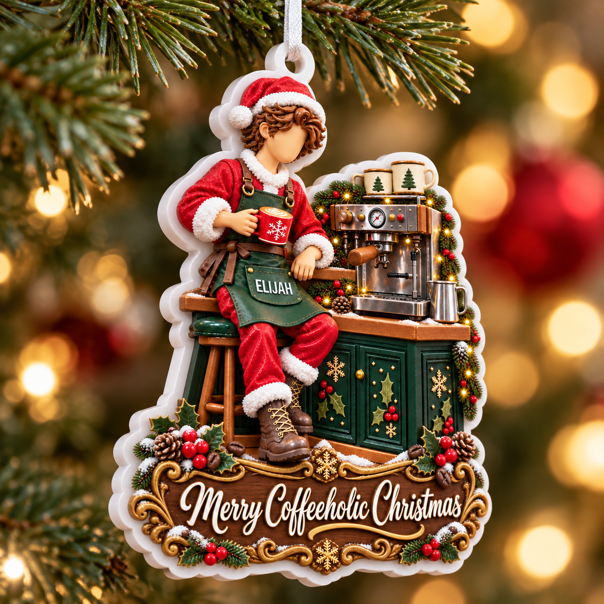 Barista Santa with Espresso Machine Merry Coffeeholic Christmas Acrylic Hanging Plaque - 3D Relief Ornament