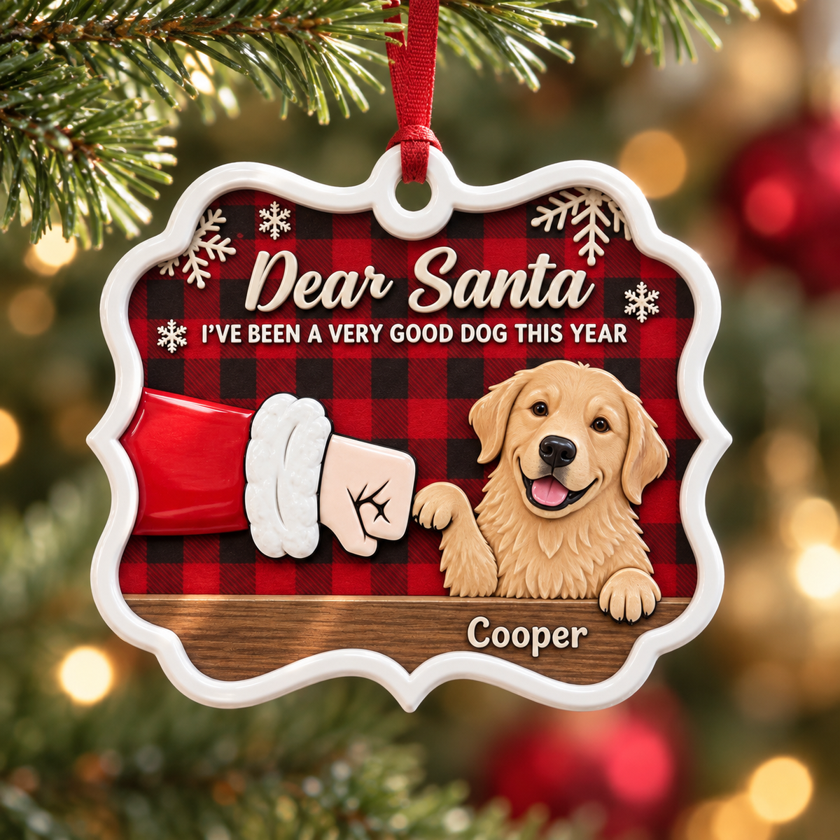 Golden Retriever Santa Fist Bump Red Plaid Holiday Tree Plaque - 3D Relief Ornament