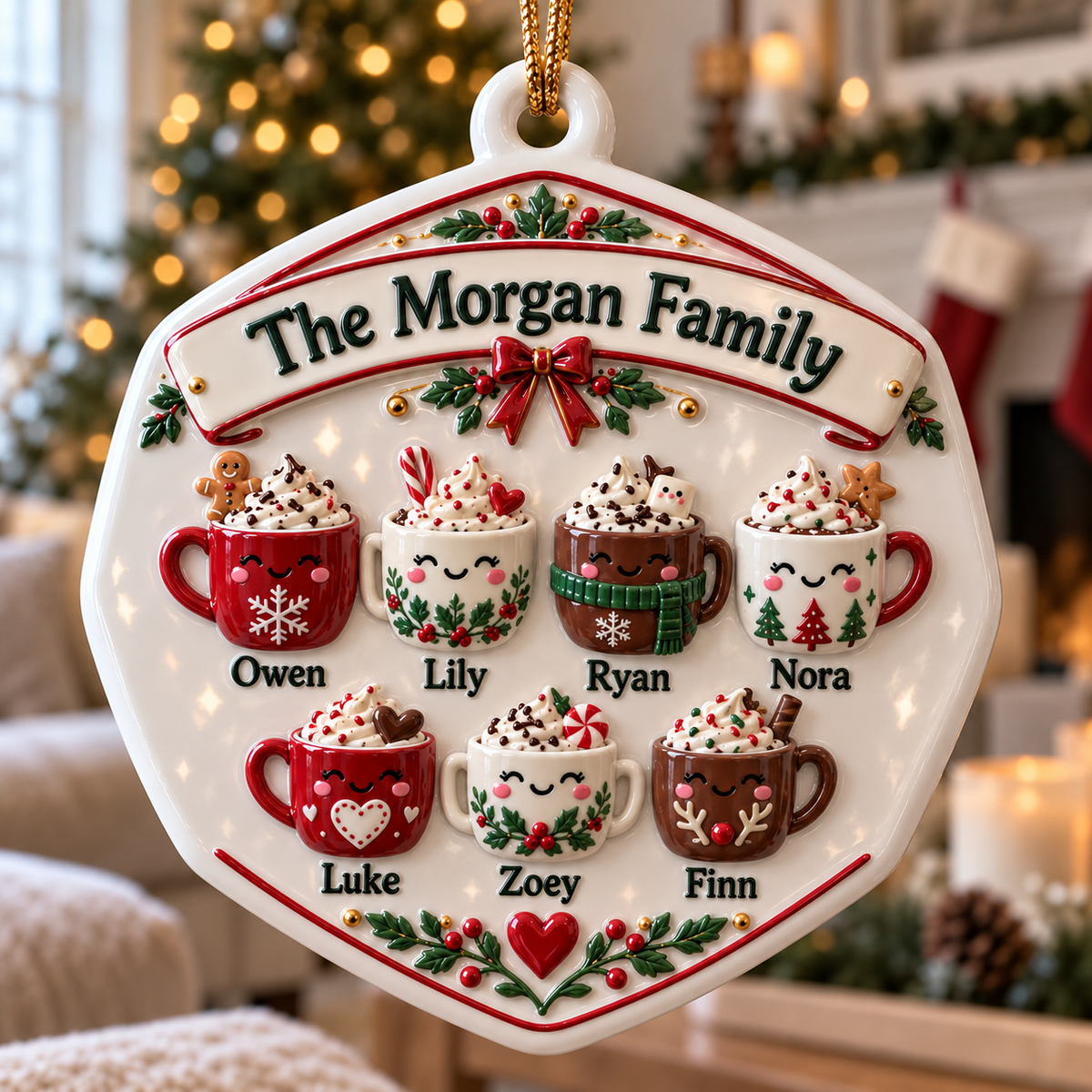 Family Hot Cocoa Mugs Ceramic Christmas Tree Holiday Keepsake Plaque - 3D Relief Ornament