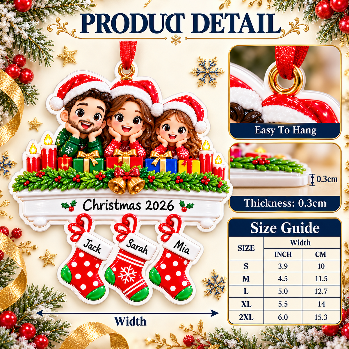Family of 3 Christmas Fireplace Stockings Holiday Tree Decoration - 3D Relief Ornament