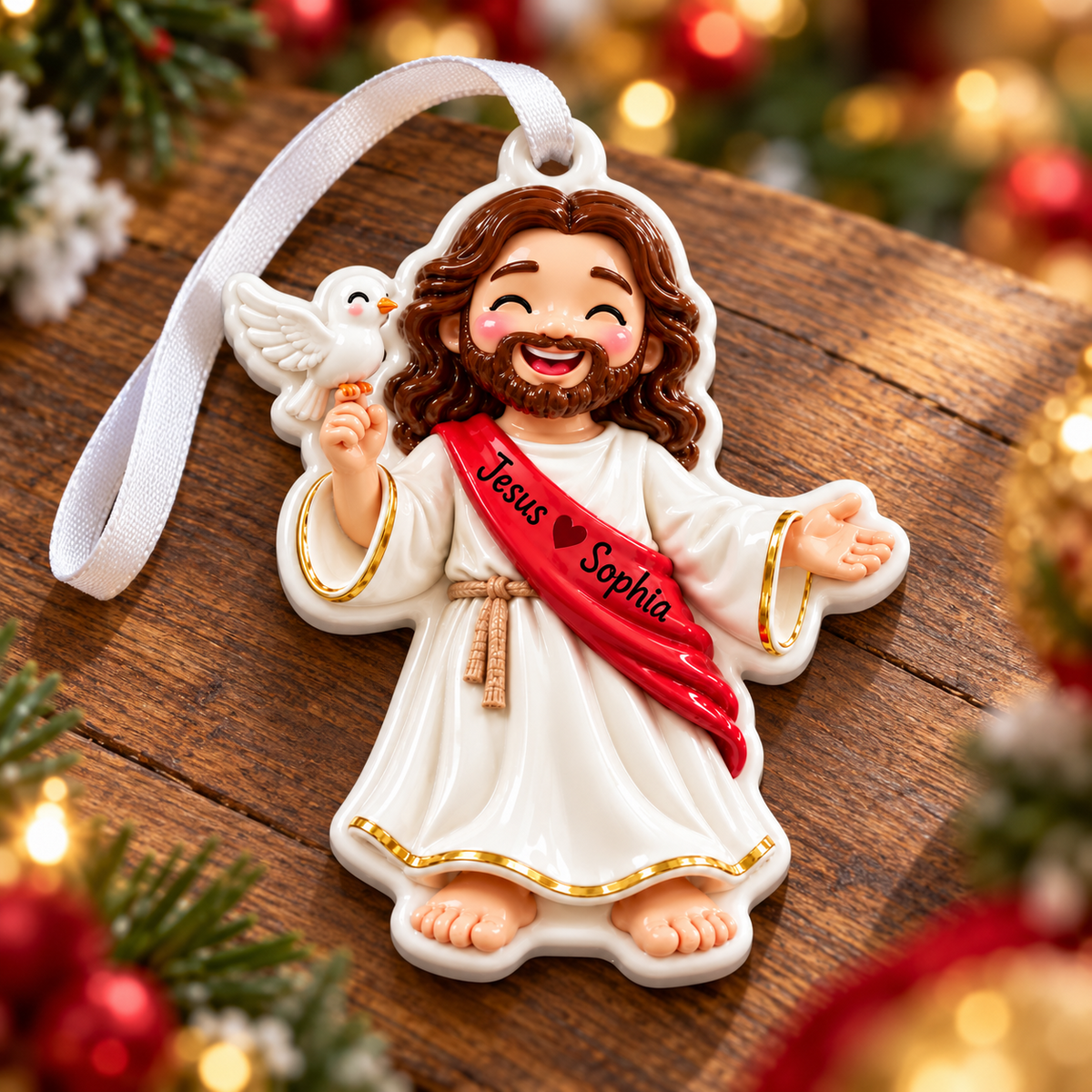 Cartoon Jesus Holding White Dove Ceramic Style Holiday Keepsake - 3D Relief Ornament