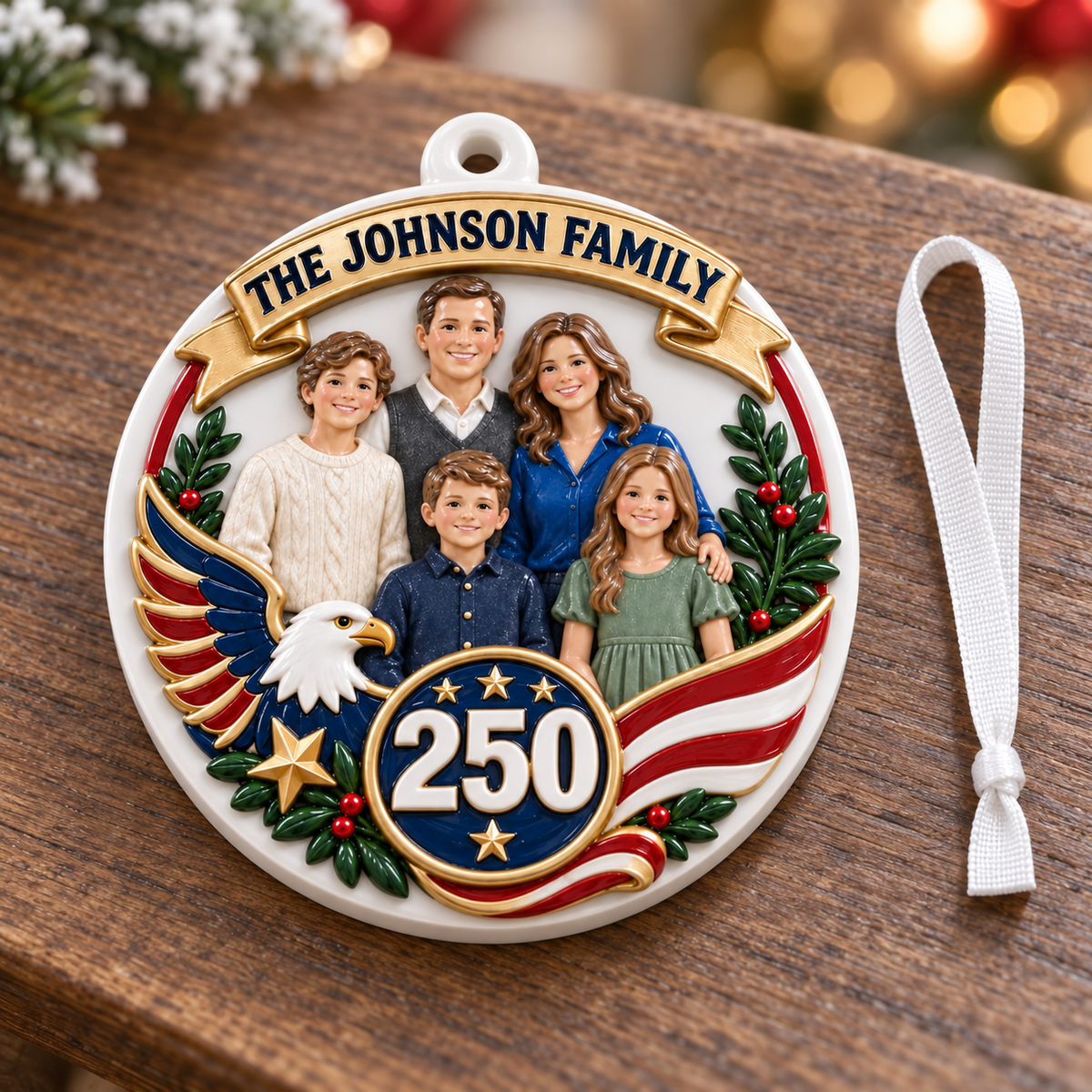 Christmas Tree Hanging Medallion Patriotic American 250 Family Portrait - 3D Relief Ornament