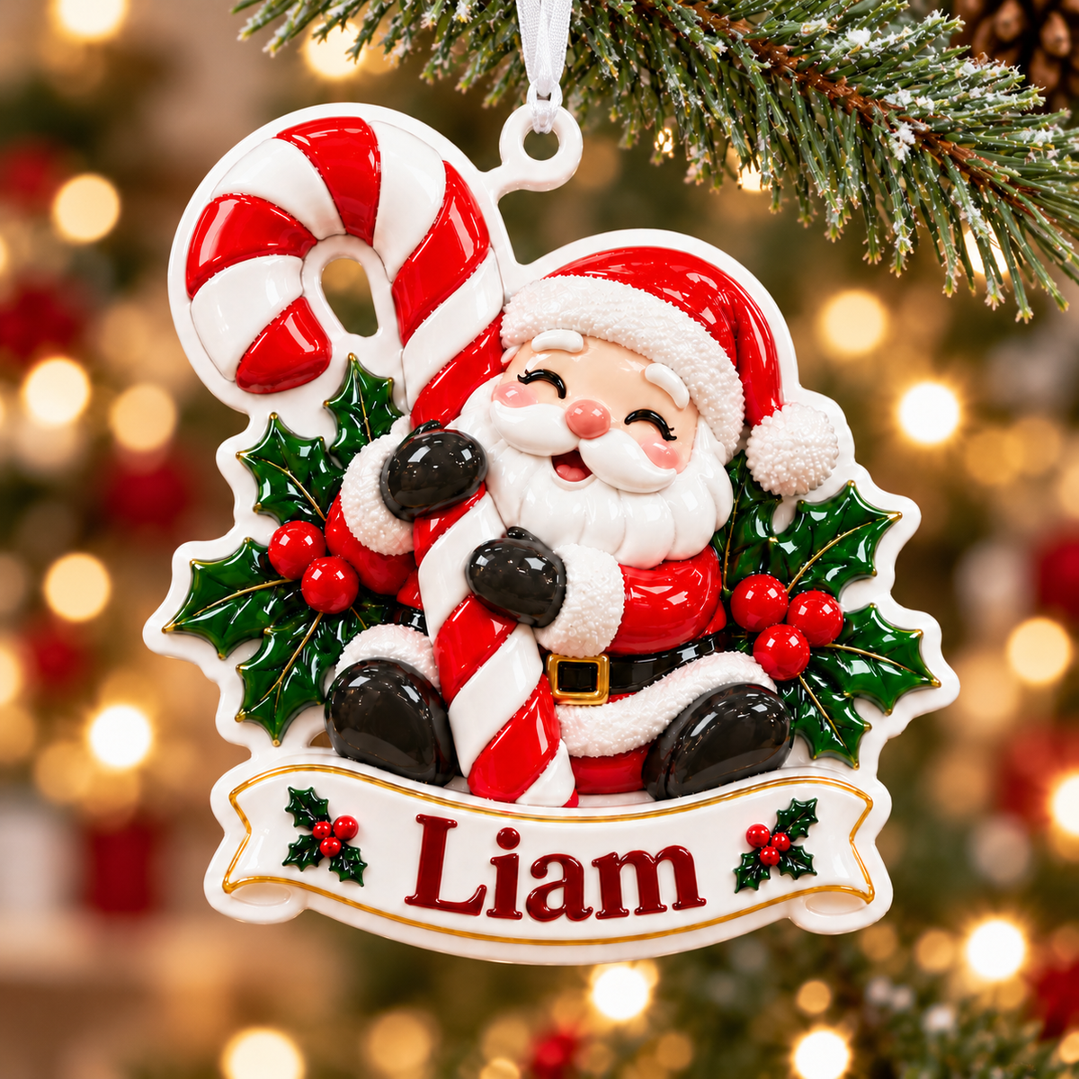 Santa Claus with Candy Cane Christmas Tree Hanging Plaque - 3D Relief Ornament