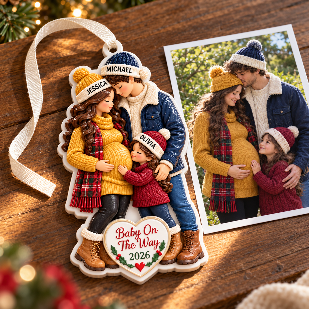 Baby On The Way Expecting Family of Three Holiday Tree Keepsake - 3D Relief Ornament
