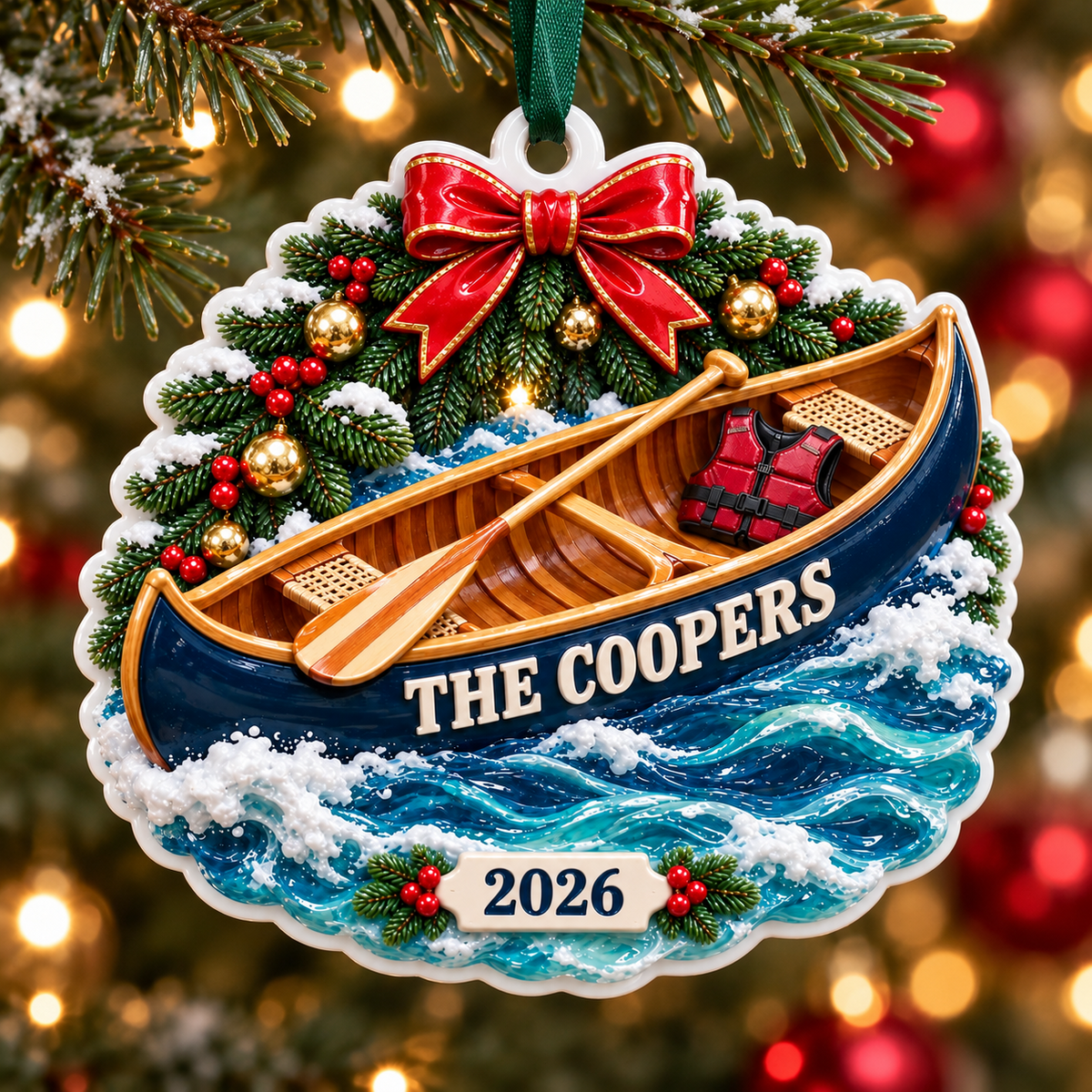Canoe Boat on Ocean Waves with Pine and Bow Holiday Keepsake - 3D Relief Ornament