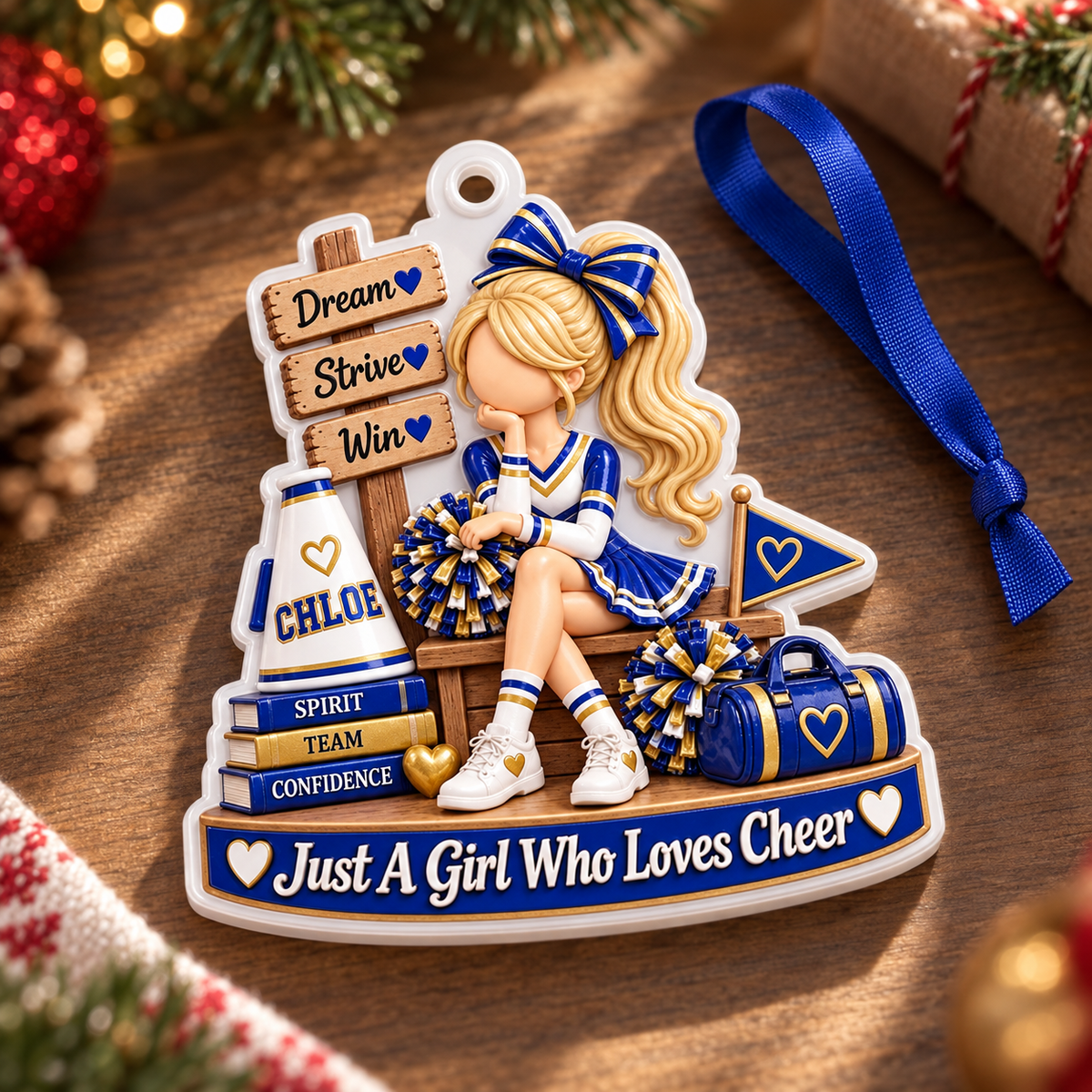 Cheerleading Girl with Megaphone and Pom Poms Acrylic Hanging Holiday Keepsake - 3D Relief Ornament