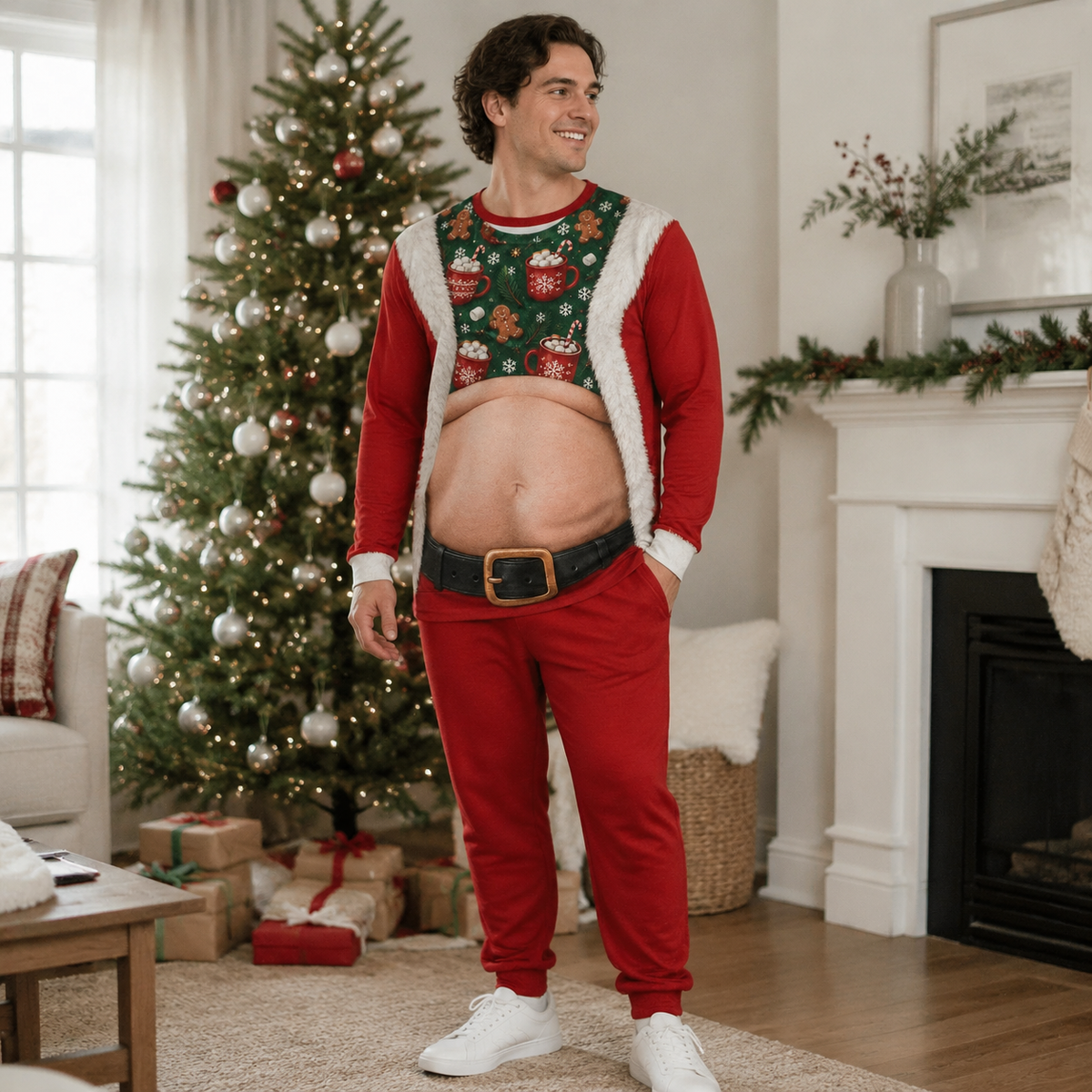 Christmas Sweatshirt Funny Fake Belly Exposed Stomach Graphic Top