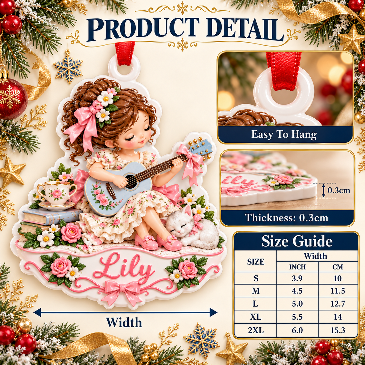 Girl Playing Guitar with Sleeping Kitten and Floral Teacup - 3D Relief Ornament