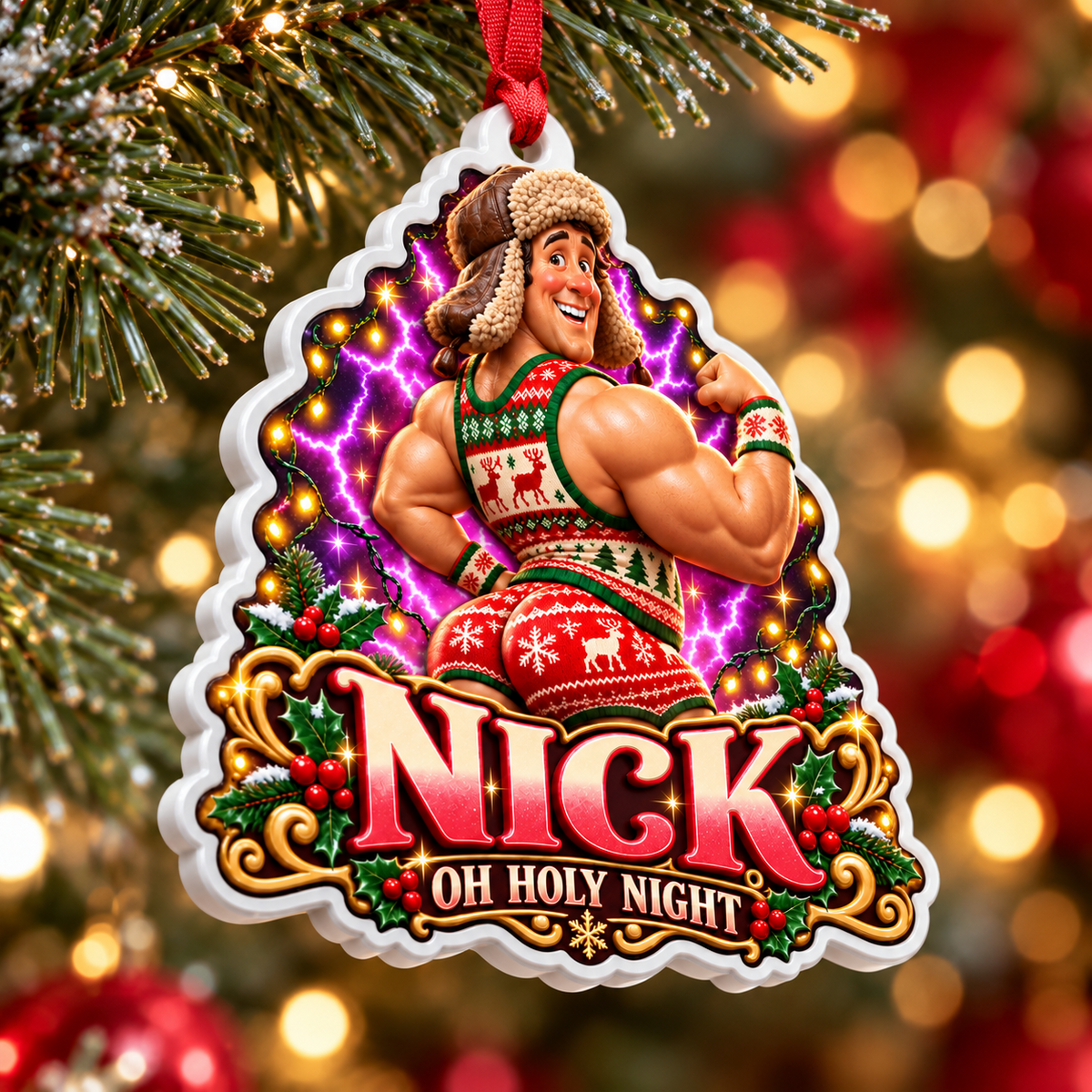 Humorous Muscular Man in Holiday Romper Acrylic Tree Hanging - 3D Relief Ornament