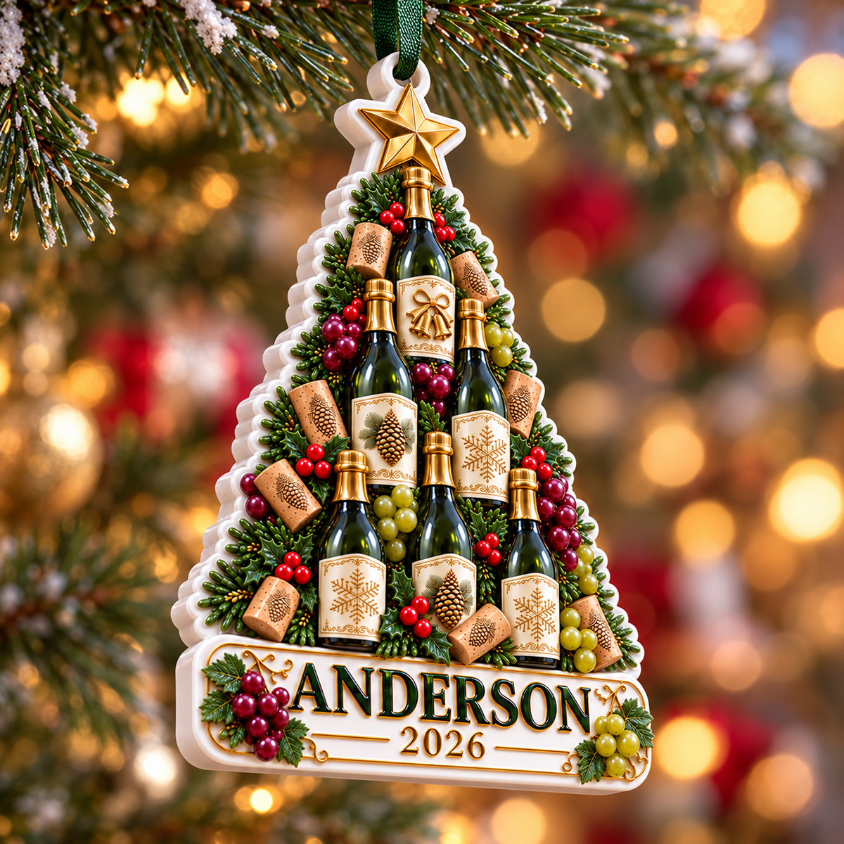 Champagne Wine Bottle Christmas Tree Plaque - 3D Relief Ornament