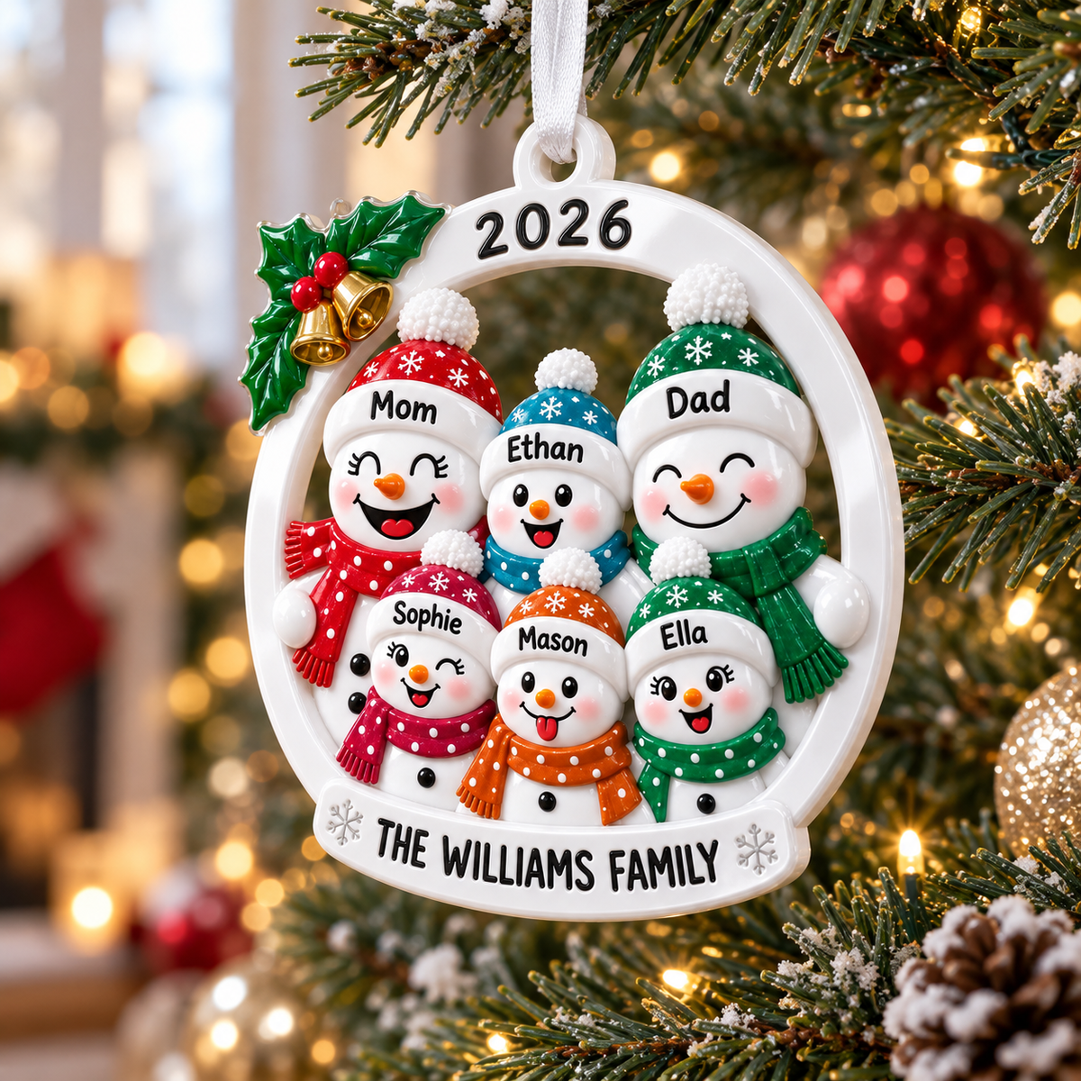 Snowman Family of 6 Christmas Tree Hanging Decoration with Holly and Bells - 3D Relief Ornament