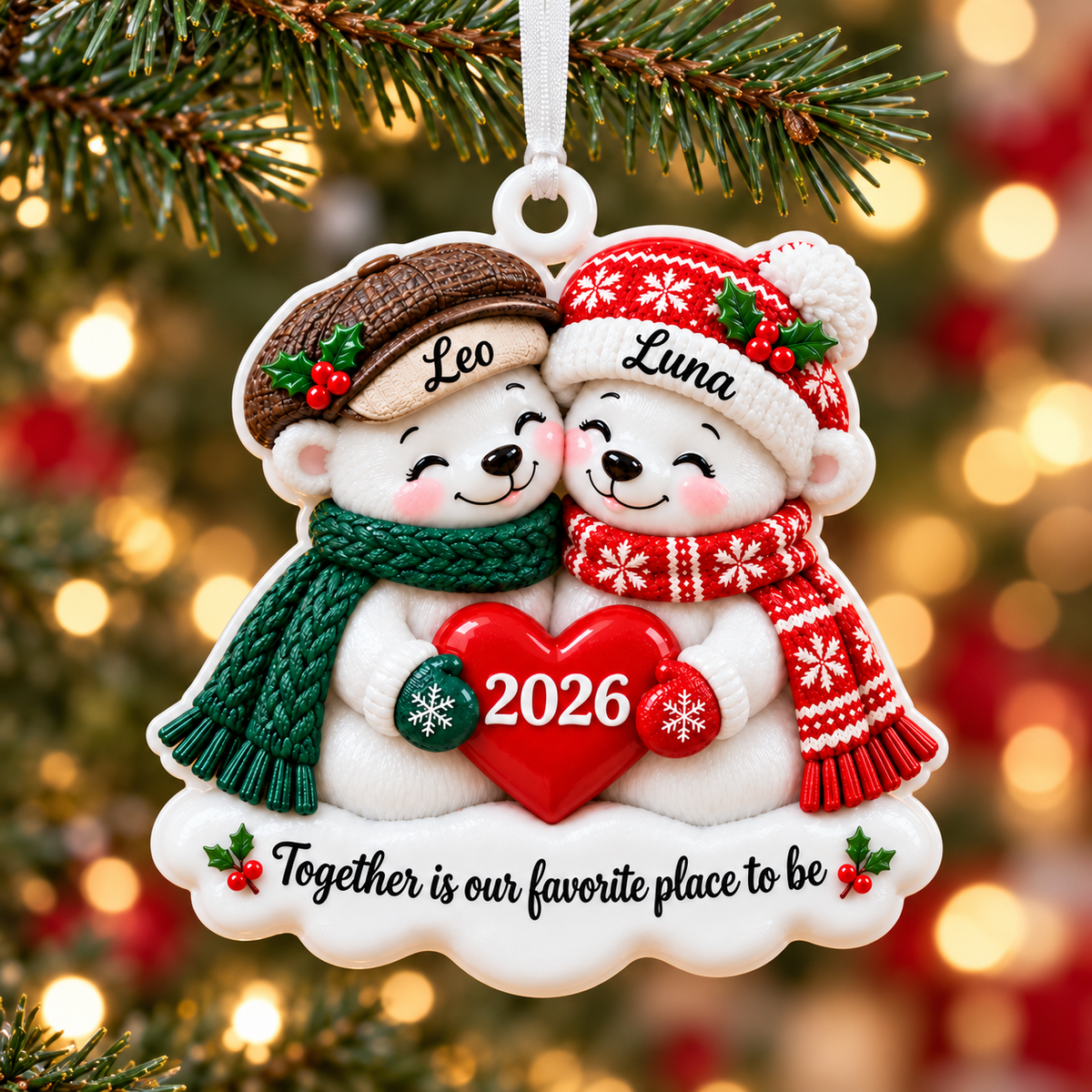 Couple Polar Bears Holding Red Heart Winter Holiday Keepsake - 3D Relief Ornament