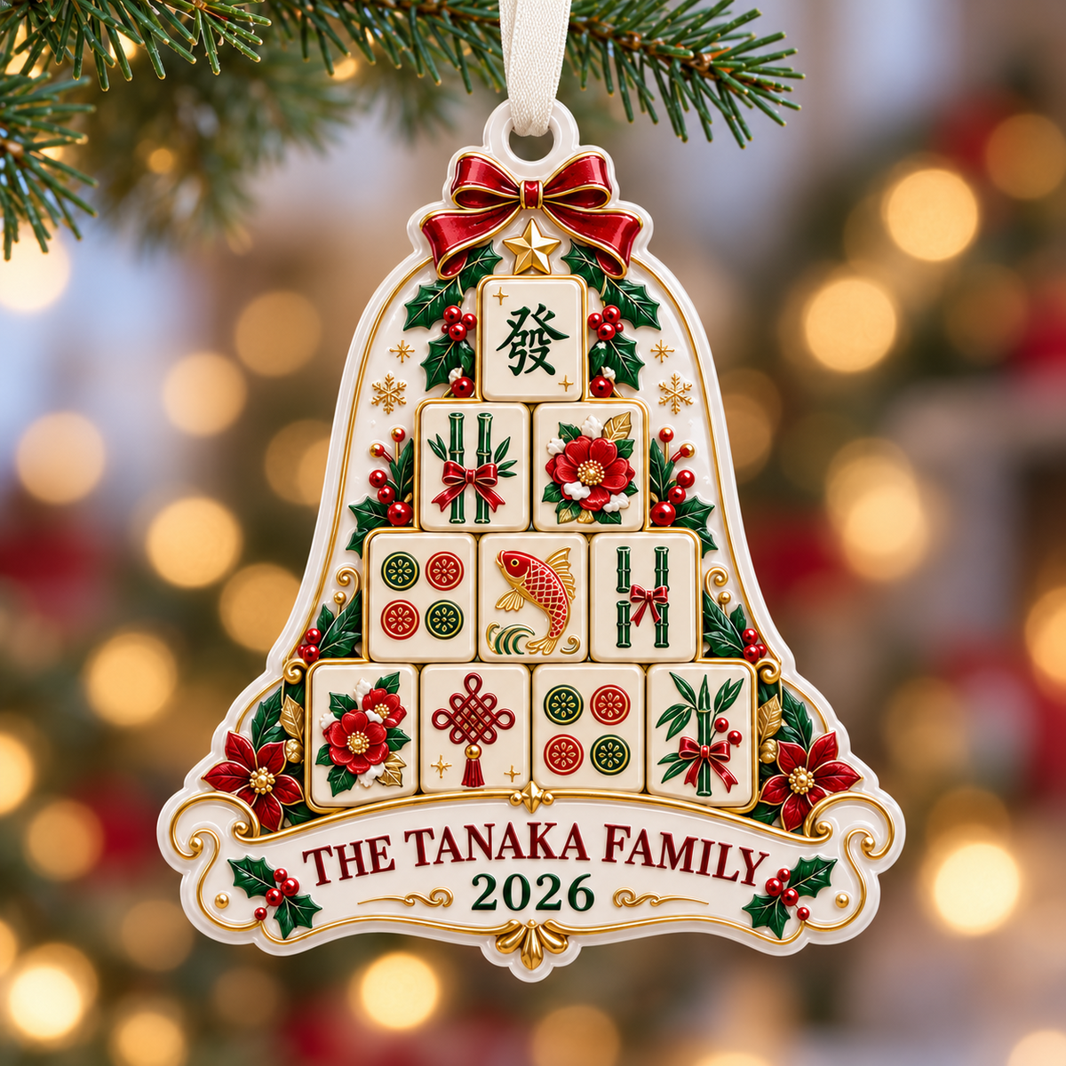 Mahjong Tile Christmas Bell Hanging Keepsake, Holiday Tree Decor - 3D Relief Ornament
