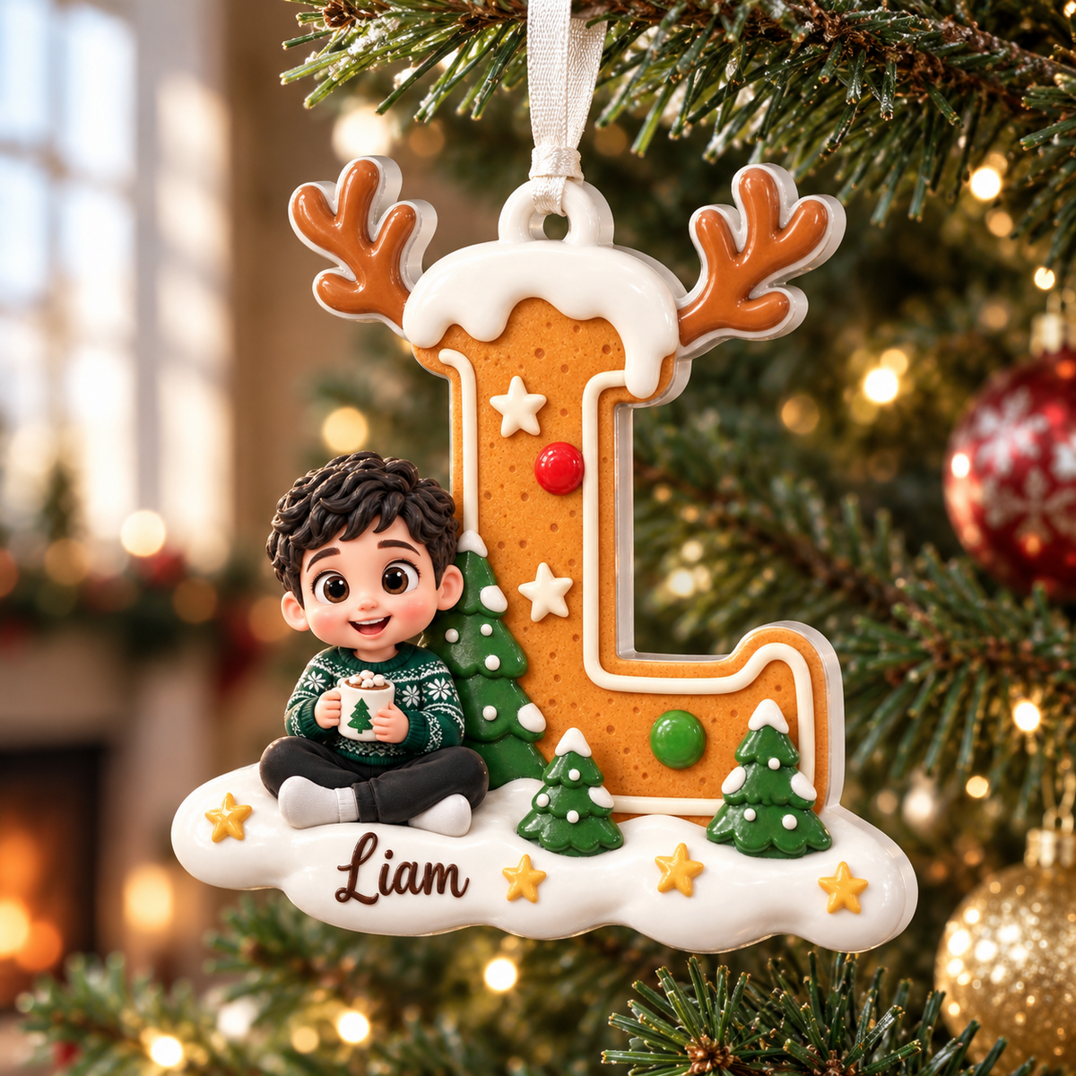 Gingerbread Letter L Holiday Tree Hanging Decor with Reindeer Antlers and Snow - 3D Relief Ornament