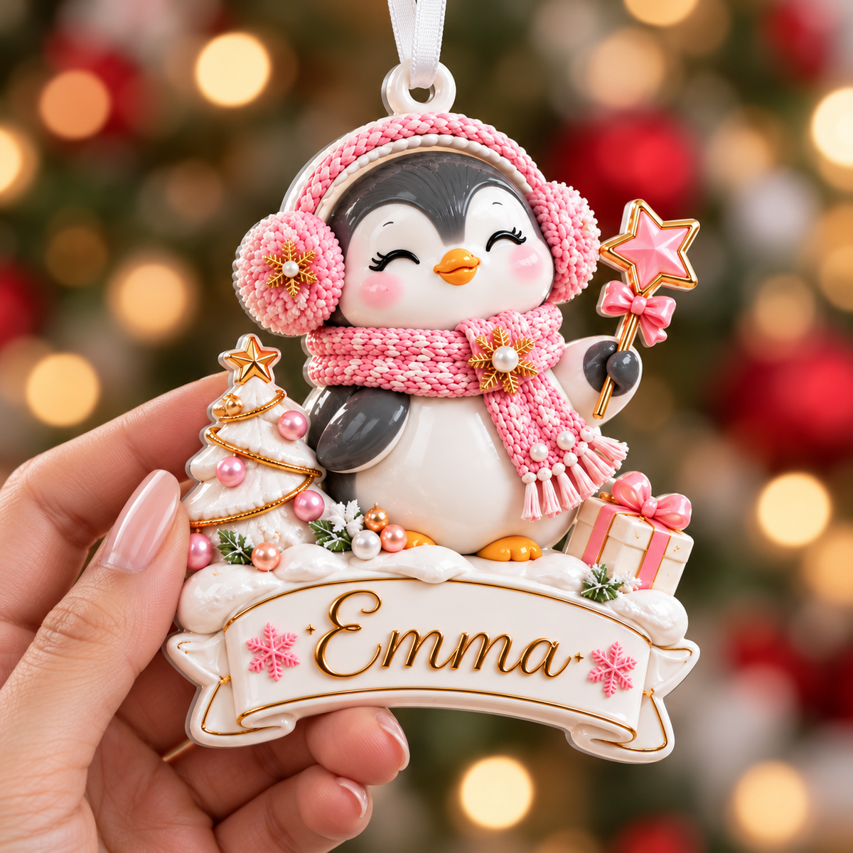 Winter Penguin with Pink Scarf and Christmas Tree Banner - 3D Relief Ornament