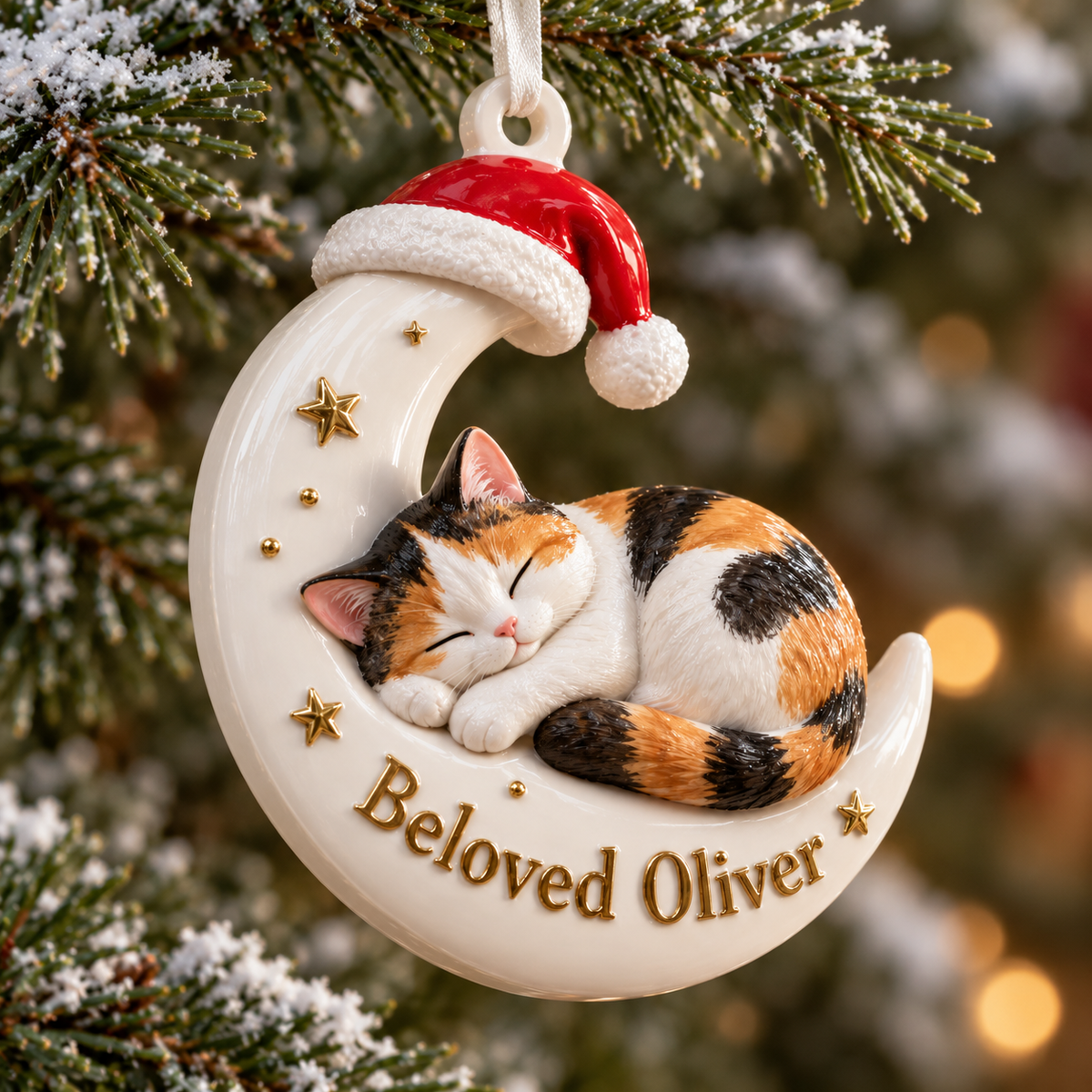 Sleeping Calico Cat on Crescent Moon with Santa Hat Holiday Keepsake - 3D Relief Ornament