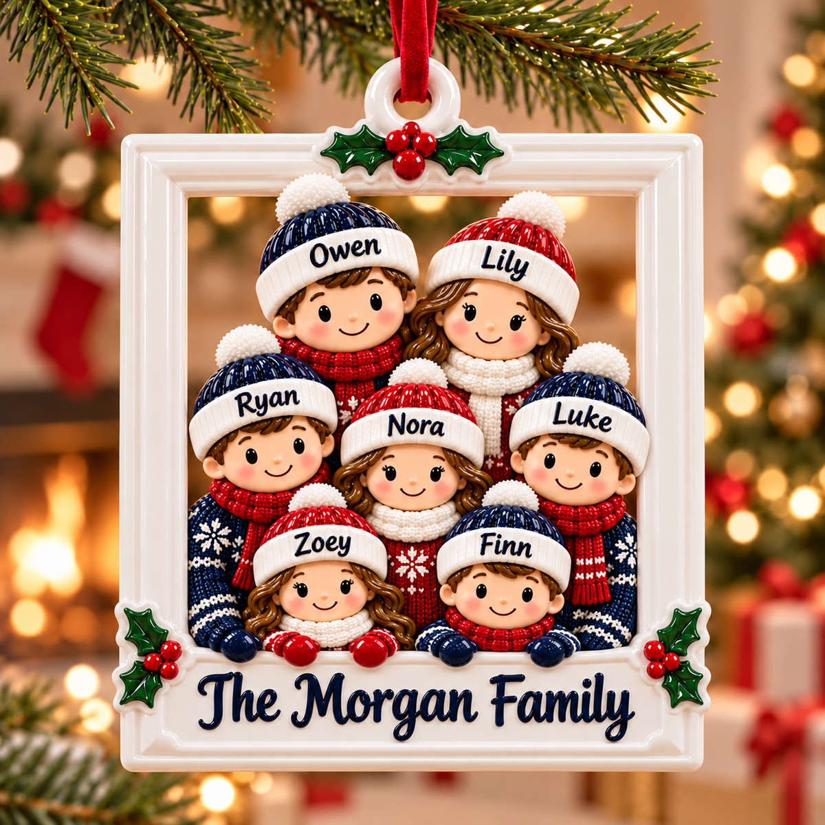 Christmas Family of 7 Winter Beanie Picture Frame Holiday Hanging - 3D Relief Ornament