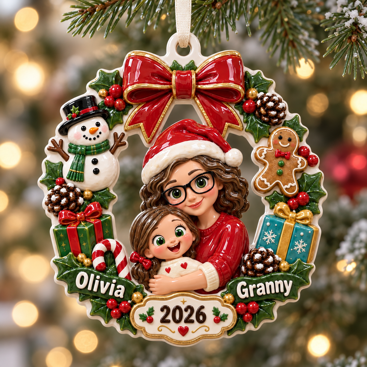 Grandmother and Granddaughter Christmas Wreath Holiday Keepsake - 3D Relief Ornament