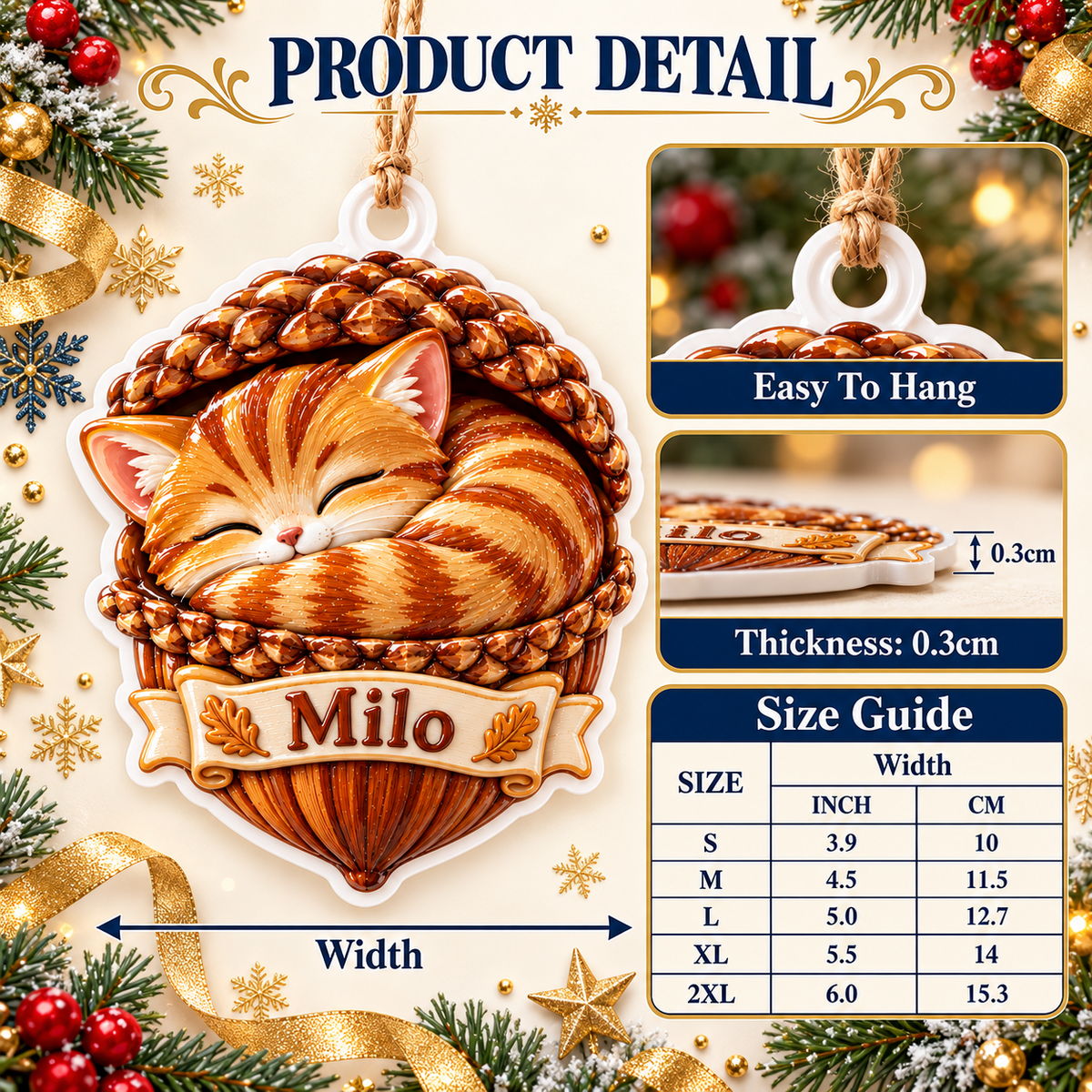 Sleeping Orange Tabby Cat in Acorn Basket Acrylic Holiday Keepsake - 3D Relief Ornament