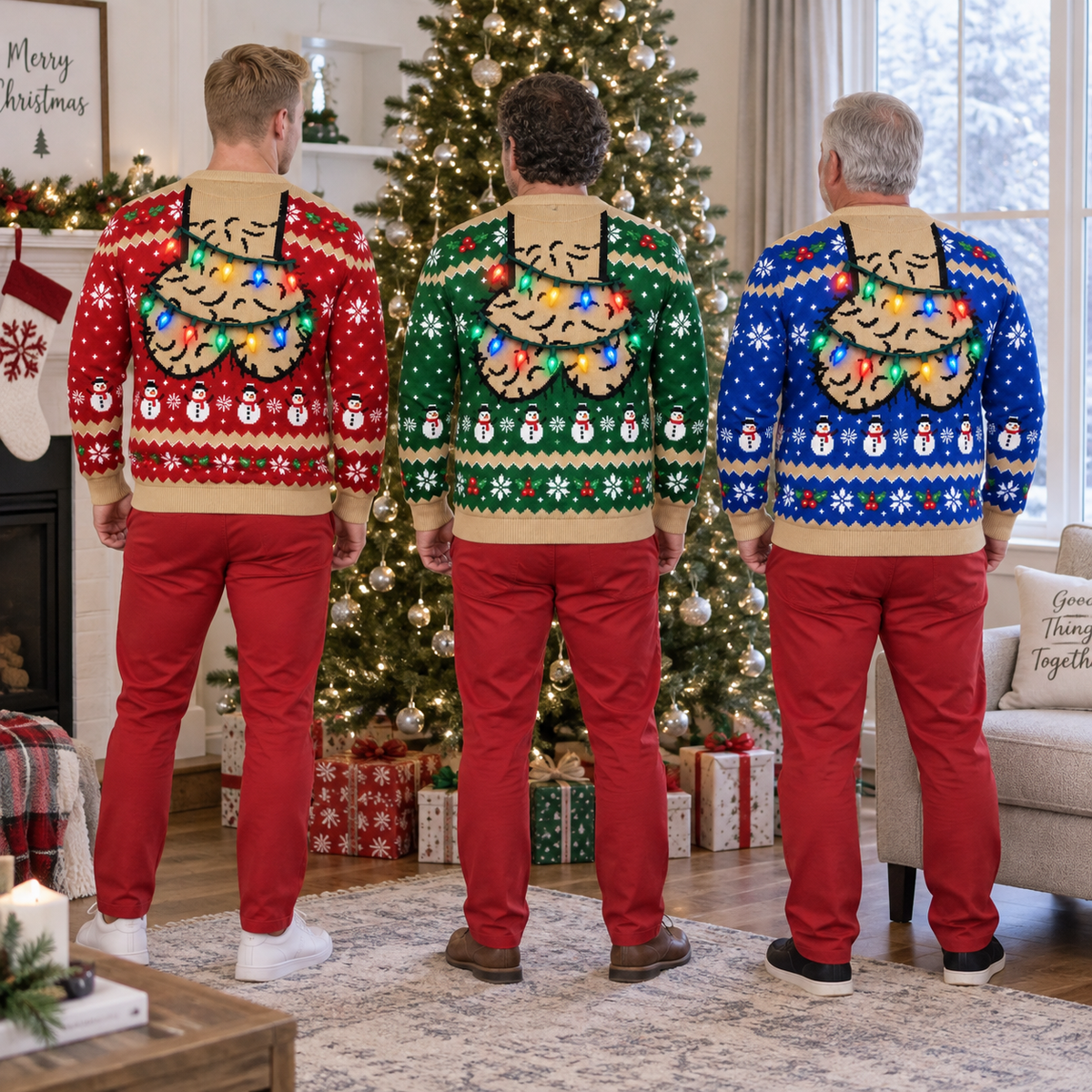 Funny Christmas Sweatshirt with Hairy Jingle Balls String Lights