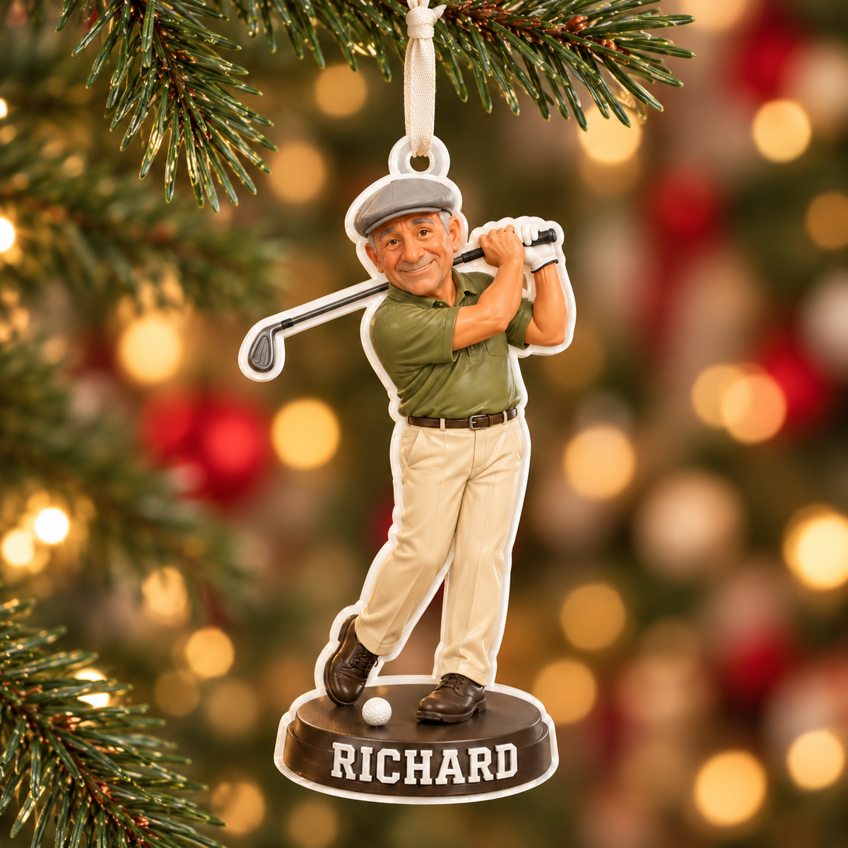 Male Golfer Figurine Acrylic Hanging Keepsake with Ribbon - 3D Relief Ornament