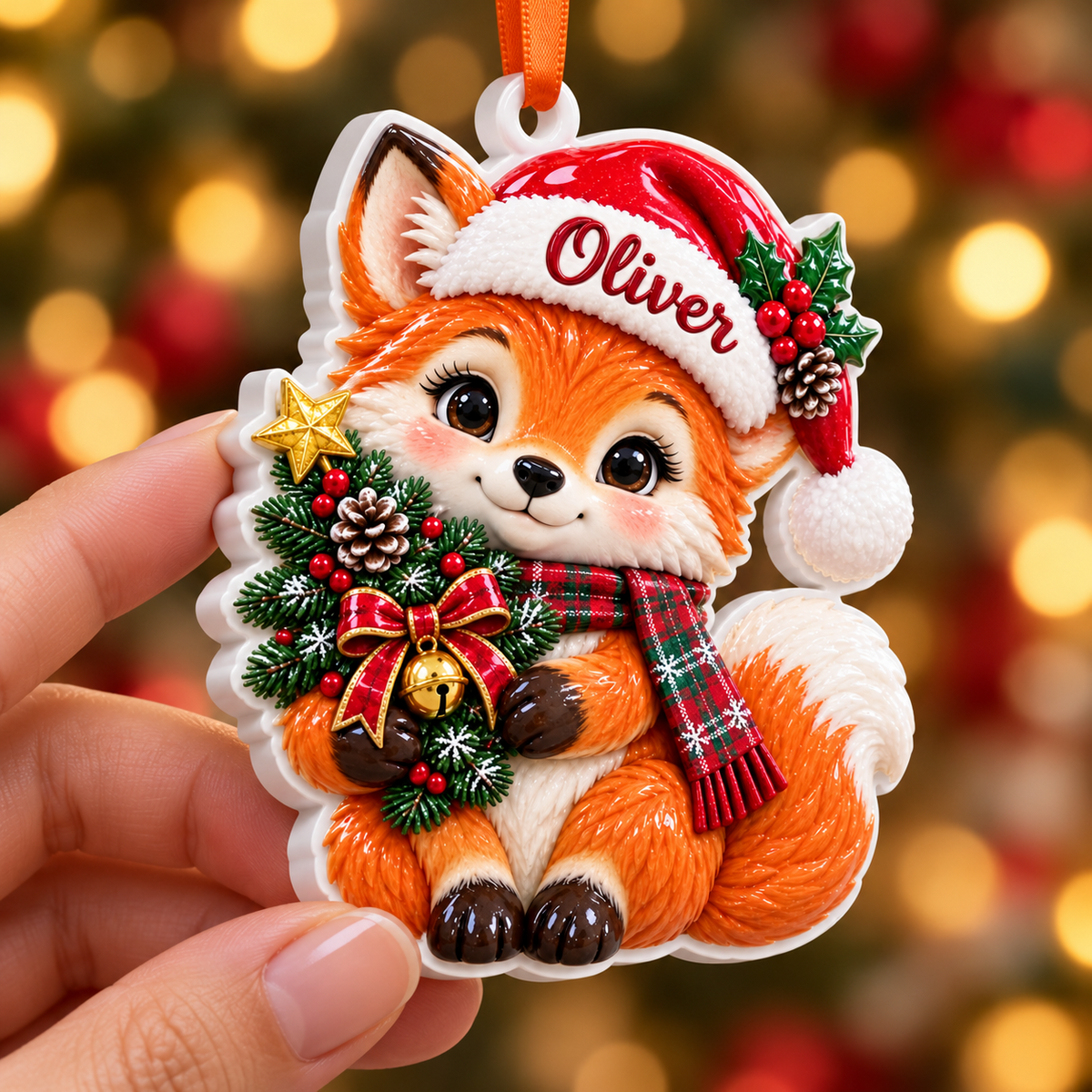 Christmas Woodland Fox with Santa Hat and Pine Tree Hanging Keepsake - 3D Relief Ornament