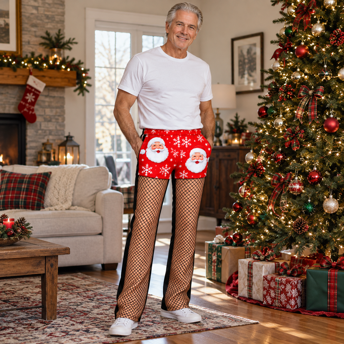 Christmas Fishnet Print Pajama Pants Novelty Graphic Holiday Trousers
