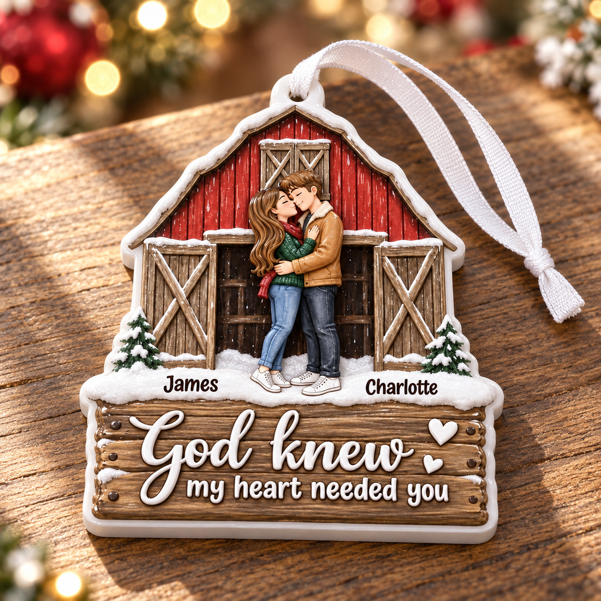 Couple Christmas Keepsake, Rustic Red Barn Farmhouse Holiday Hanging Decor - 3D Relief Ornament