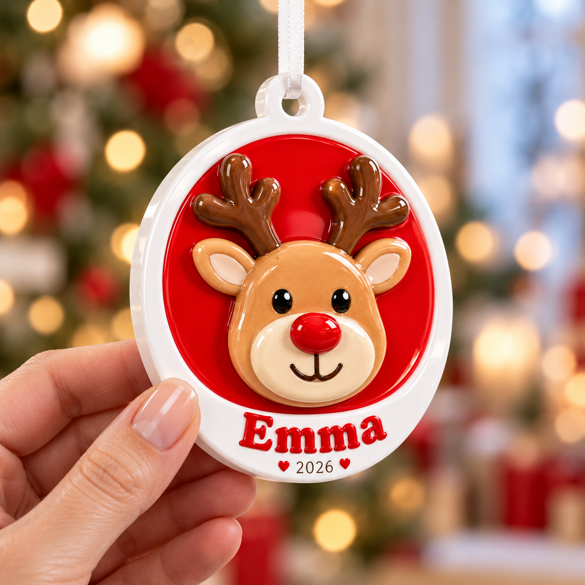 Red and White Round Christmas Reindeer Keepsake - 3D Relief Ornament