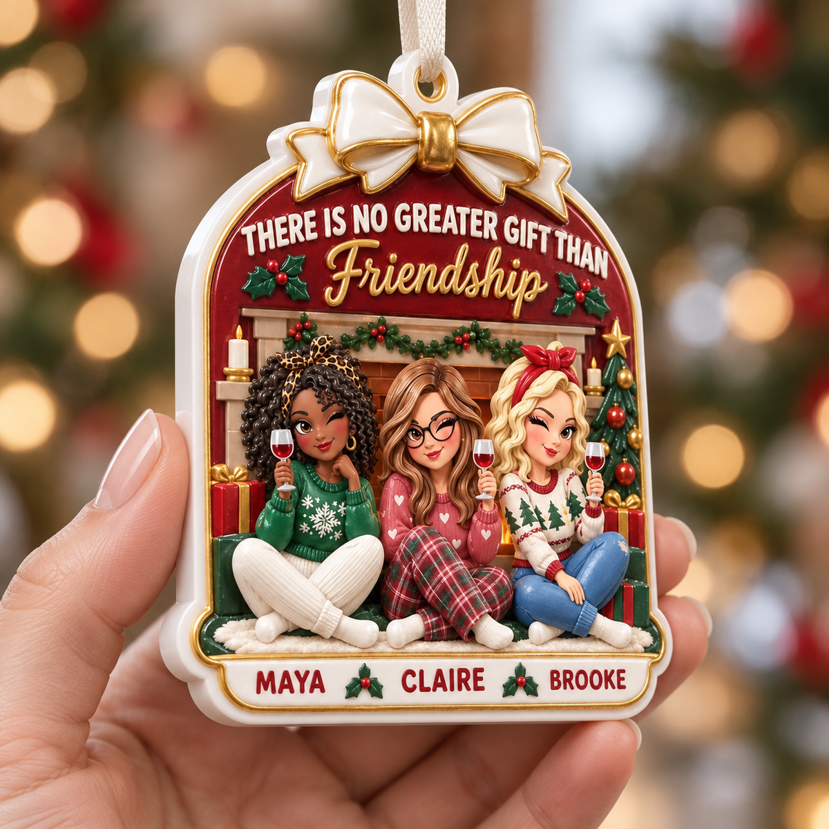Christmas Tree Hanging Plaque with Friends Wine Fireplace Scene - 3D Relief Ornament