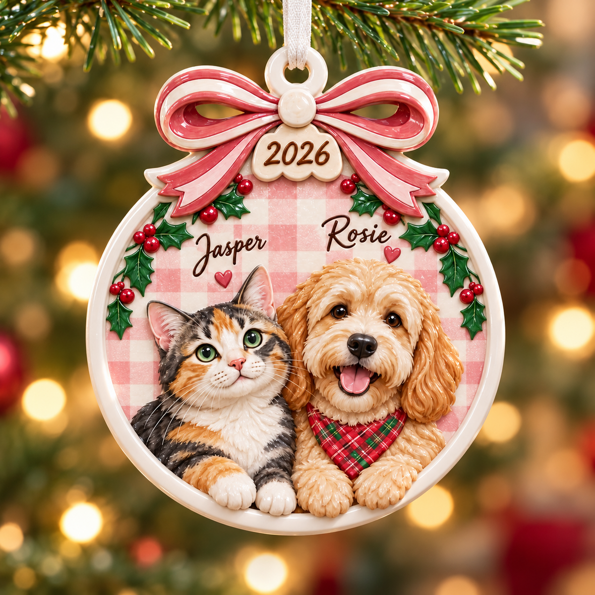 Dog and Cat Holiday Tree Hanging Keepsake with Pink Gingham Bow - 3D Relief Ornament