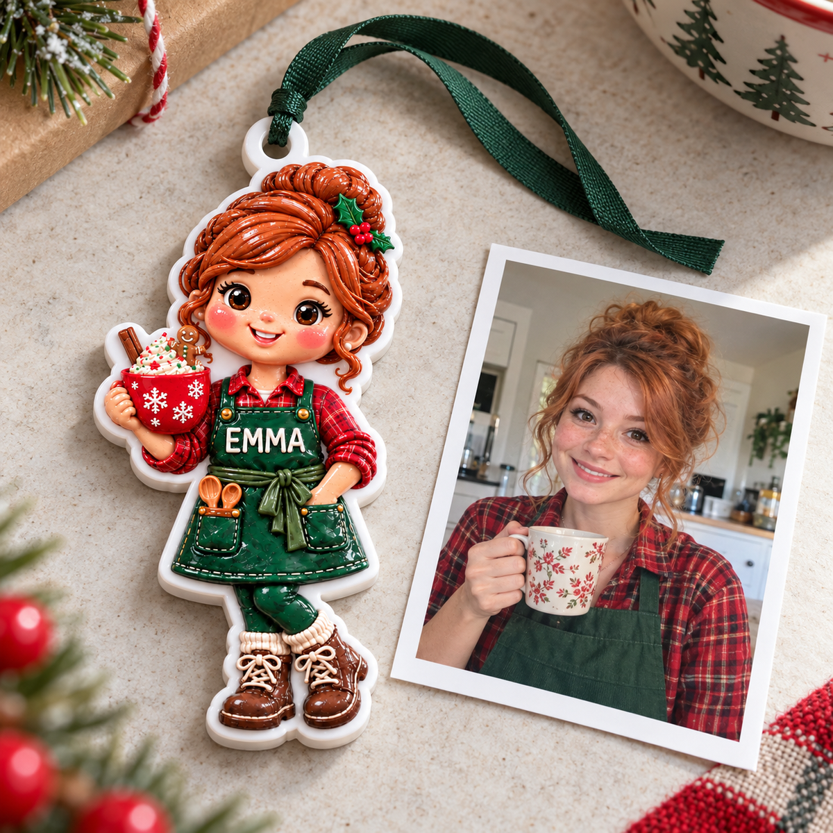 Baking Girl with Hot Cocoa and Green Apron Holiday Tree Decor - 3D Relief Ornament