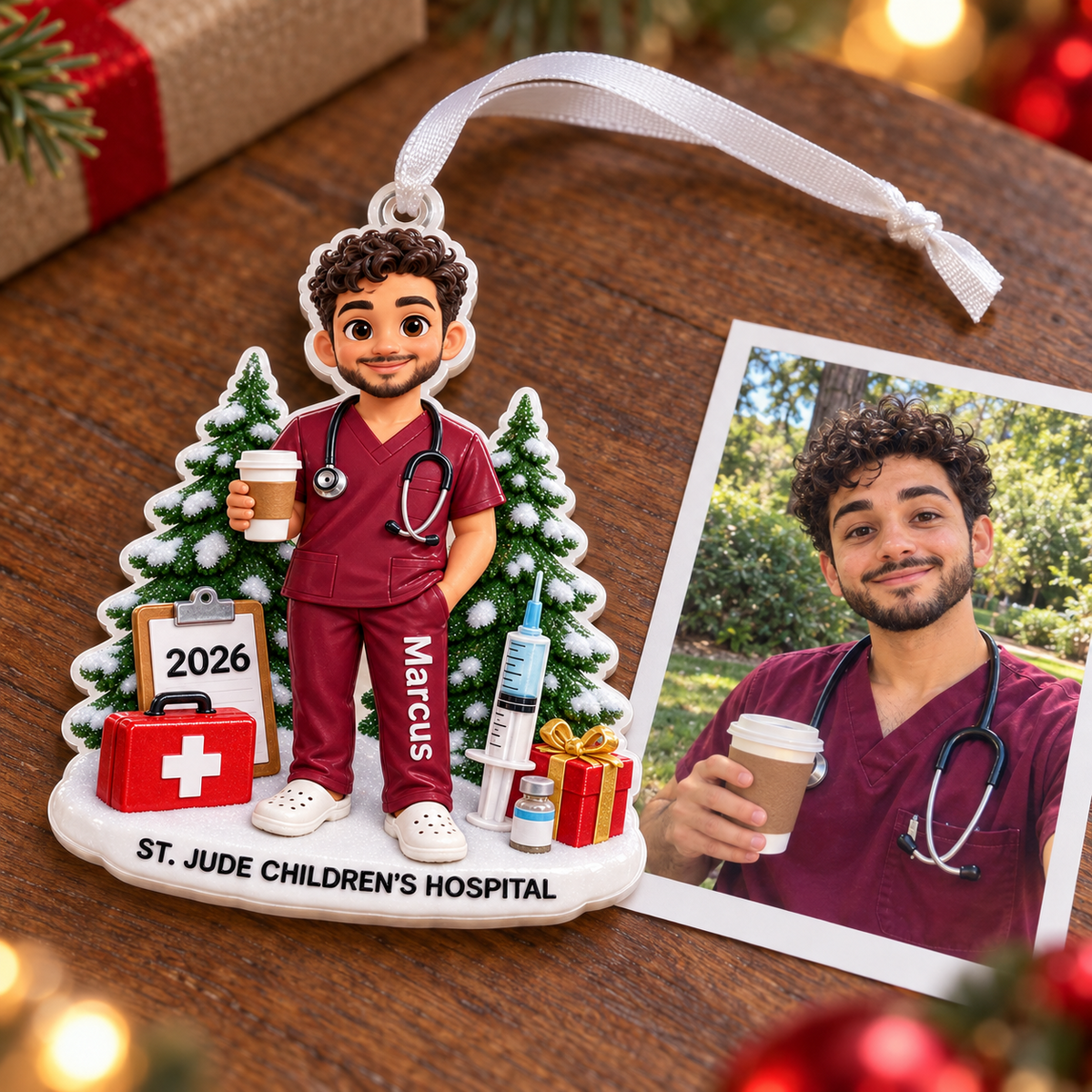 Male Nurse in Maroon Scrubs Healthcare Worker Christmas Tree - 3D Relief Ornament