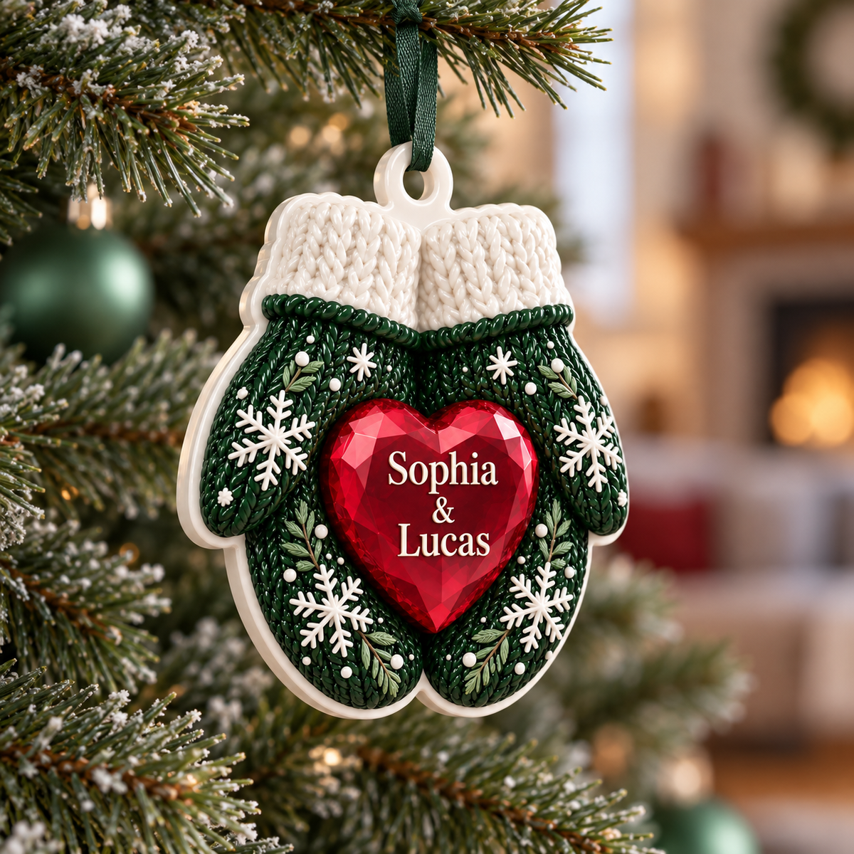 Winter Mittens with Red Gem Heart Christmas Tree Decoration - 3D Relief Ornament