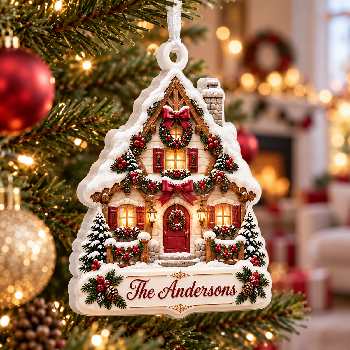 Winter Cottage House Plaque Holiday Tree Hanging Accent - 3D Relief Ornament