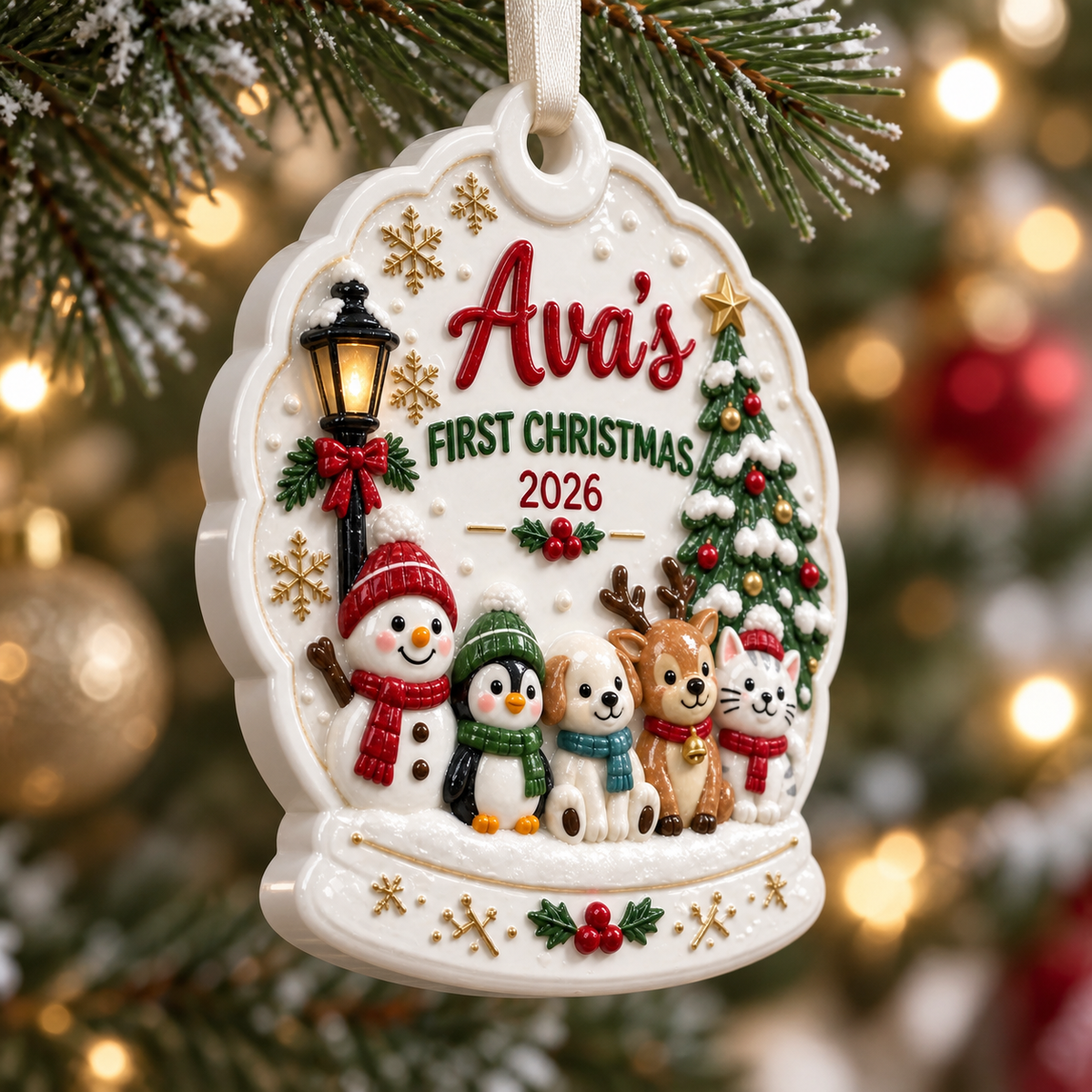 First Christmas Snow Globe Hanging Keepsake with Winter Animals - 3D Relief Ornament