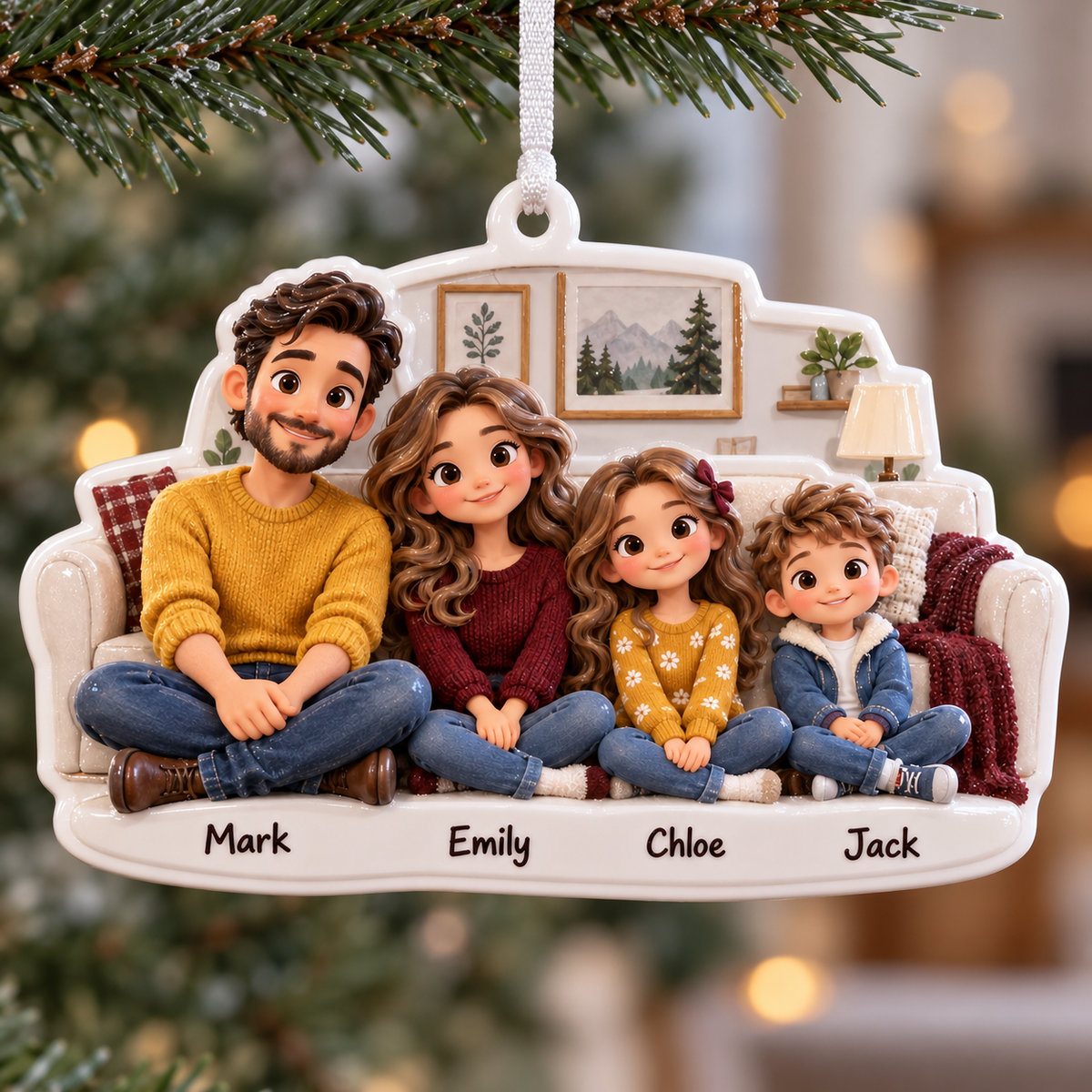 Cartoon Family of Four on Living Room Couch Hanging Holiday Keepsake - 3D Relief Ornament