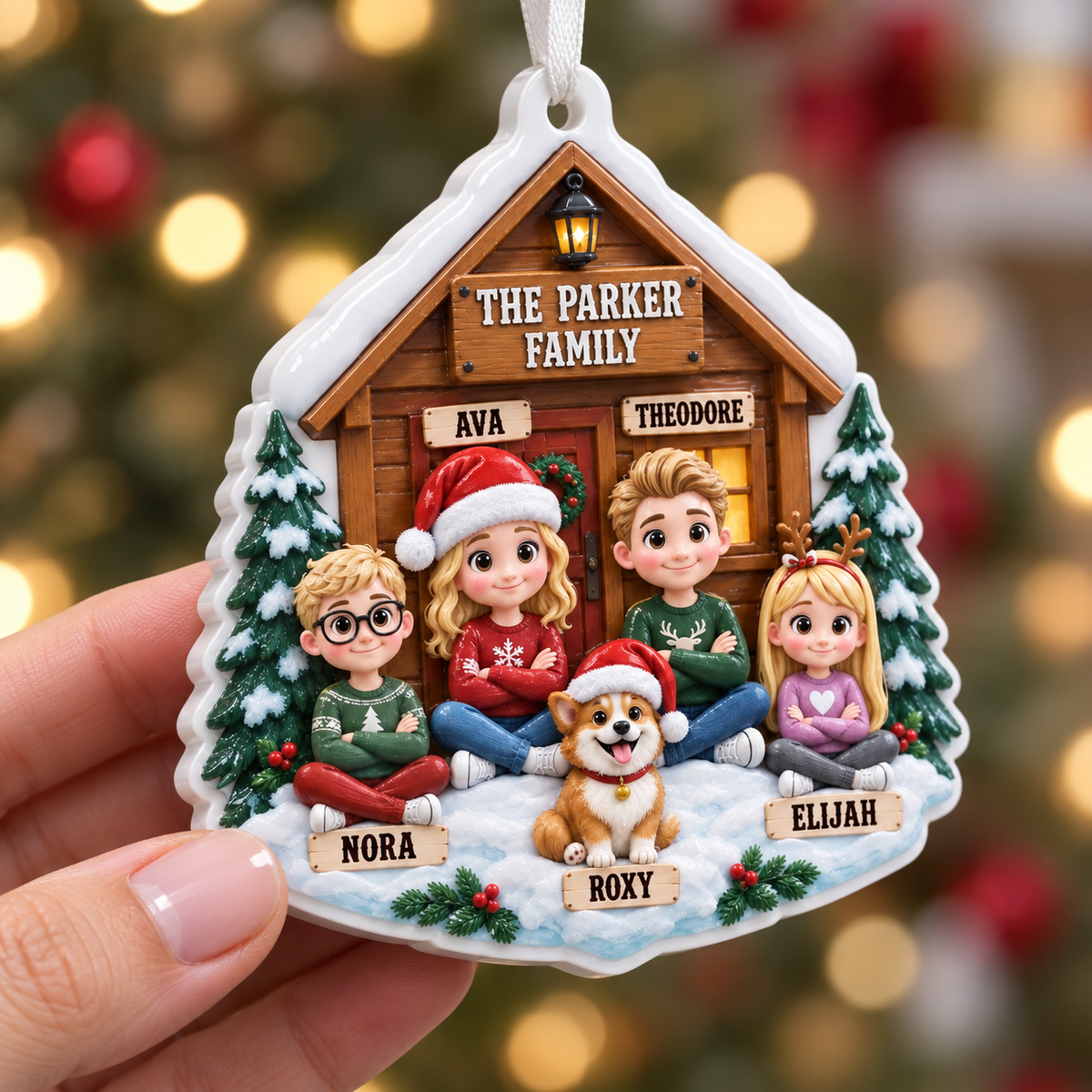 Family and Pet Dog Winter Log Cabin Christmas Tree Hanging Keepsake - 3D Relief Ornament