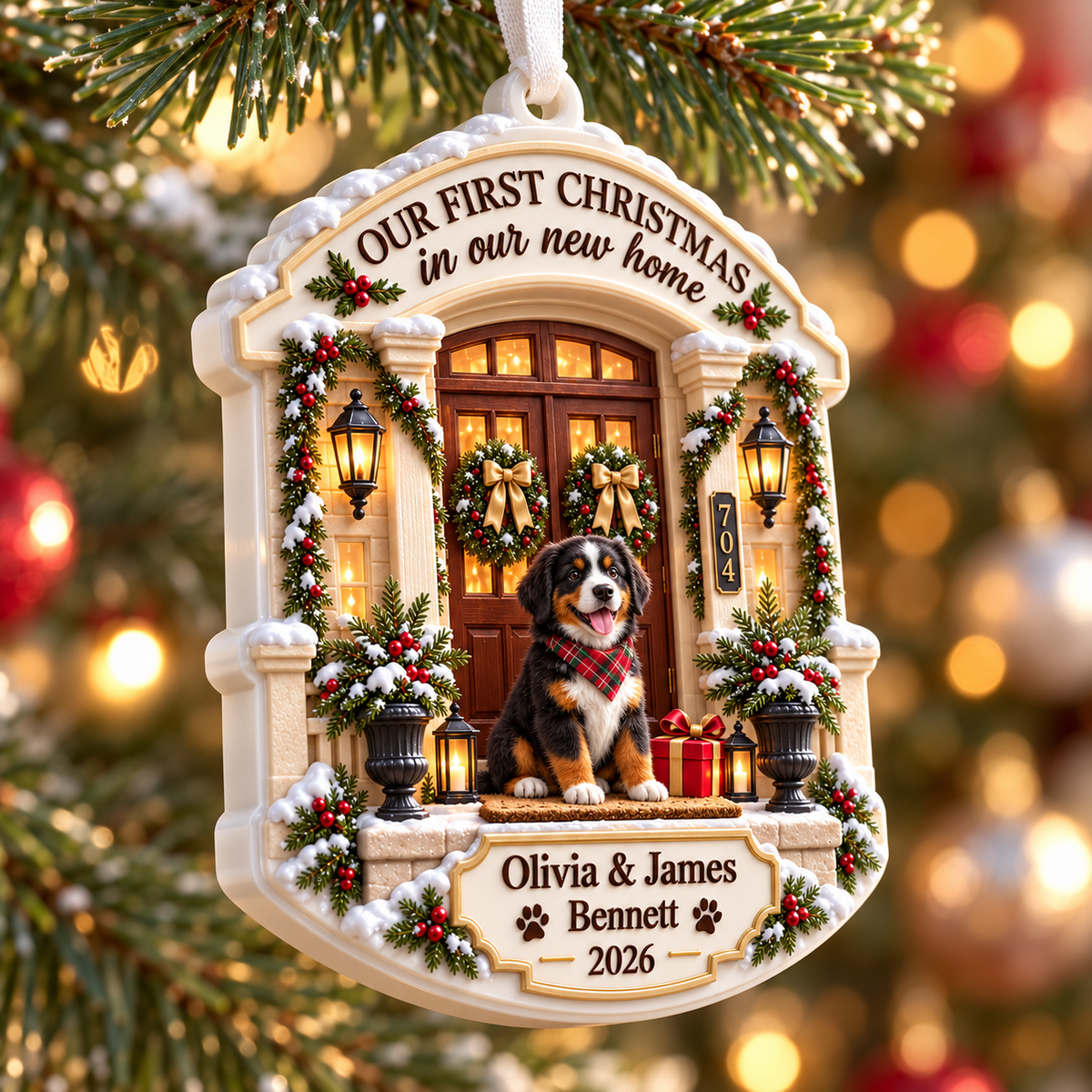 First Christmas New Home Front Porch Bernese Mountain Dog Hanging Keepsake - 3D Relief Ornament