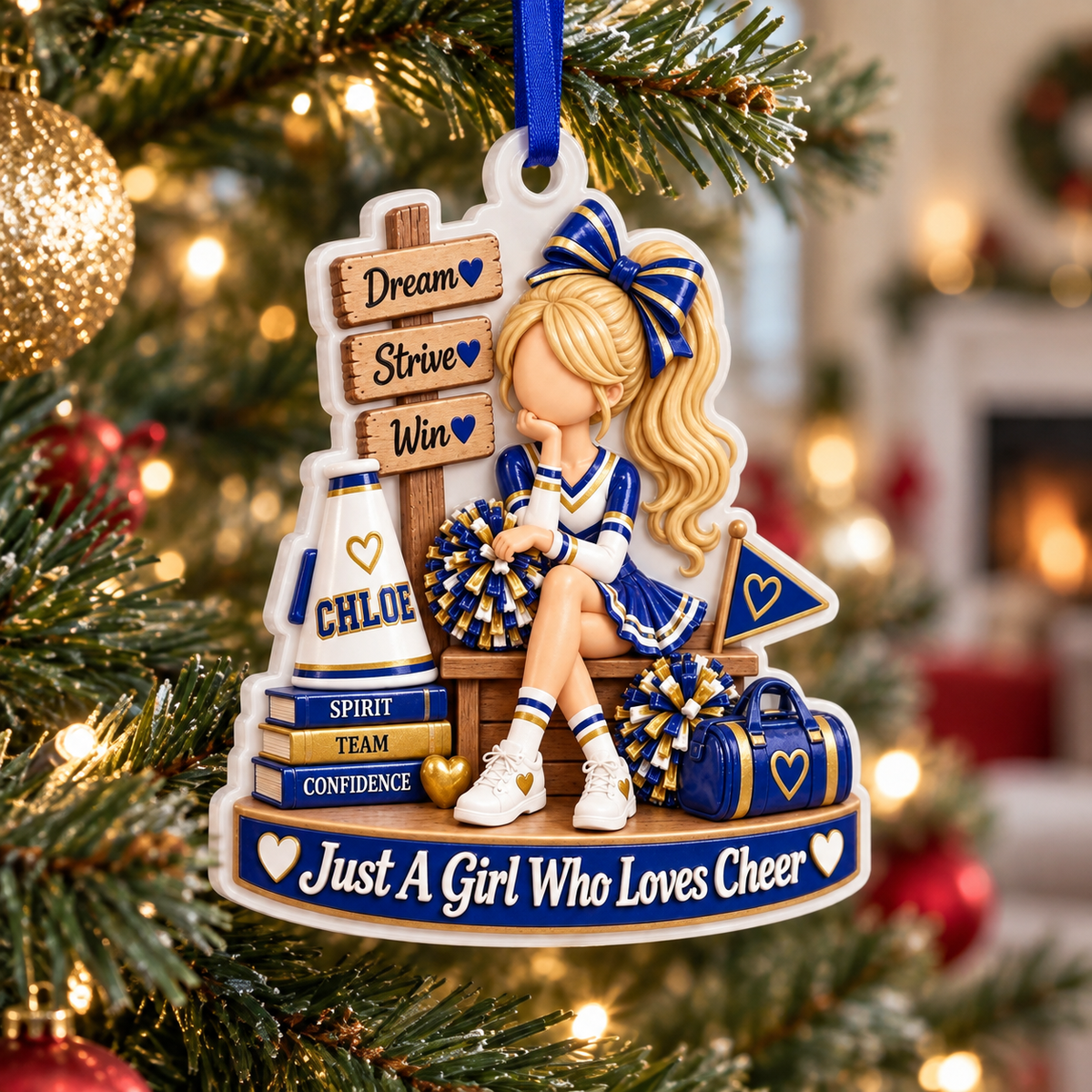 Cheerleading Girl with Megaphone and Pom Poms Acrylic Hanging Holiday Keepsake - 3D Relief Ornament
